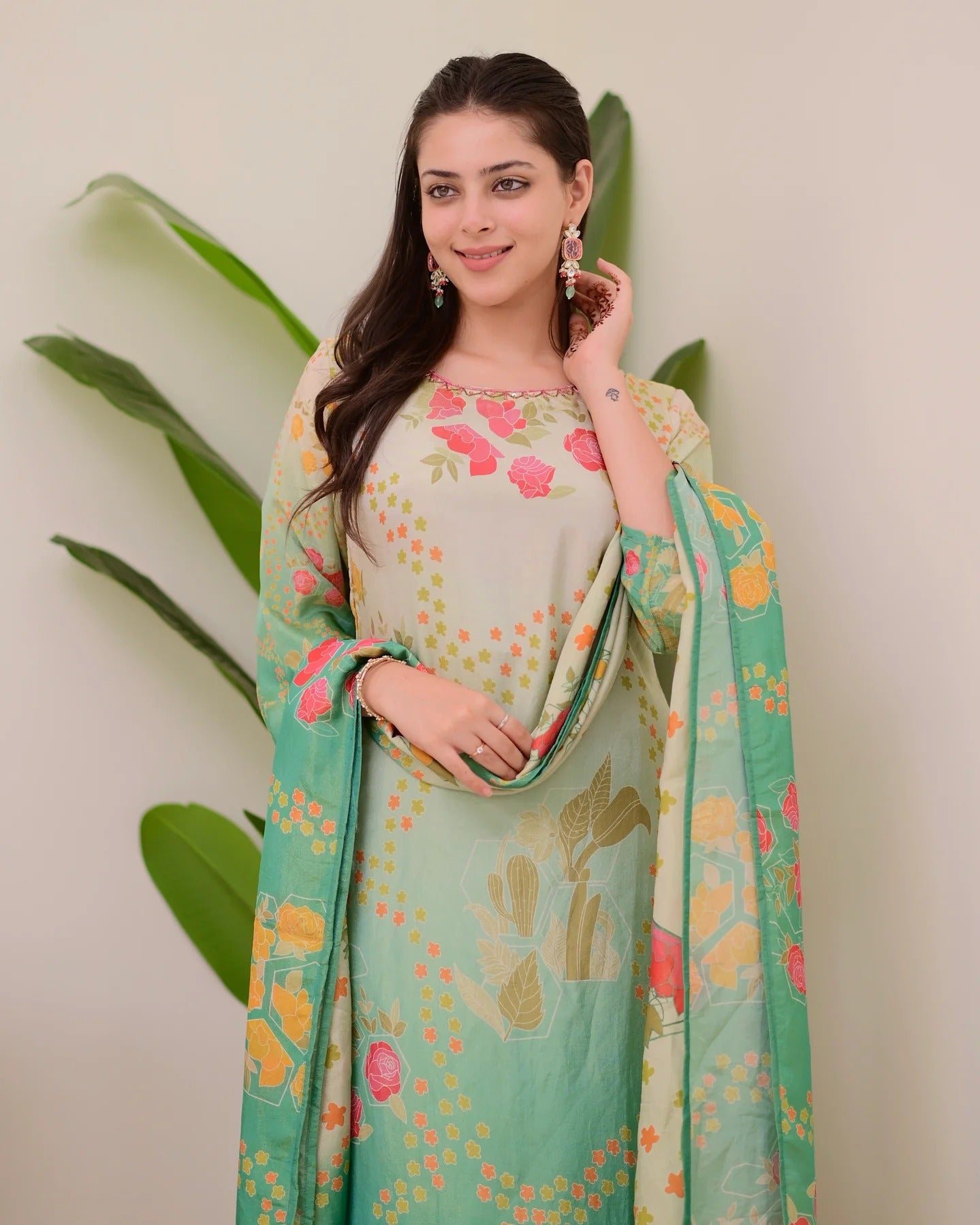 Multicolor Assam Silk Kurta Pant Set With Print With Work On Neck