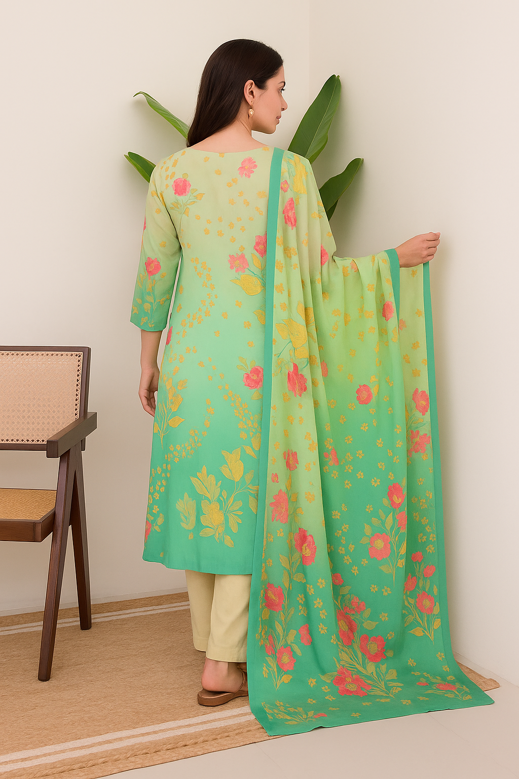 Multicolor Assam Silk Kurta Pant Set With Print With Work On Neck