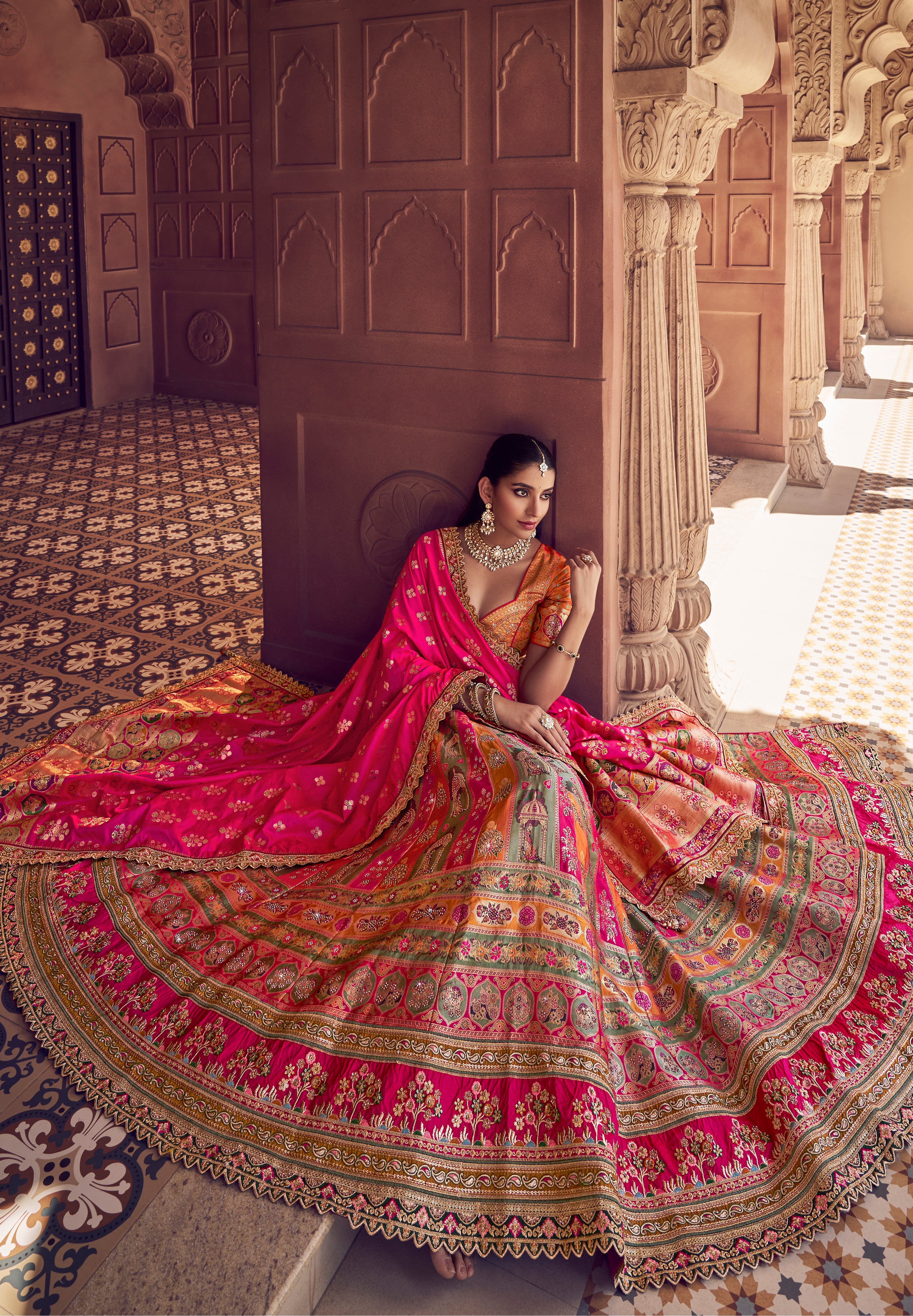 Multicolor Banarasi Premium Silk Lehenga Choli With Heavy Thread Embroidery, Sequence, Swarovski ,Stone With Zari Weaving Work