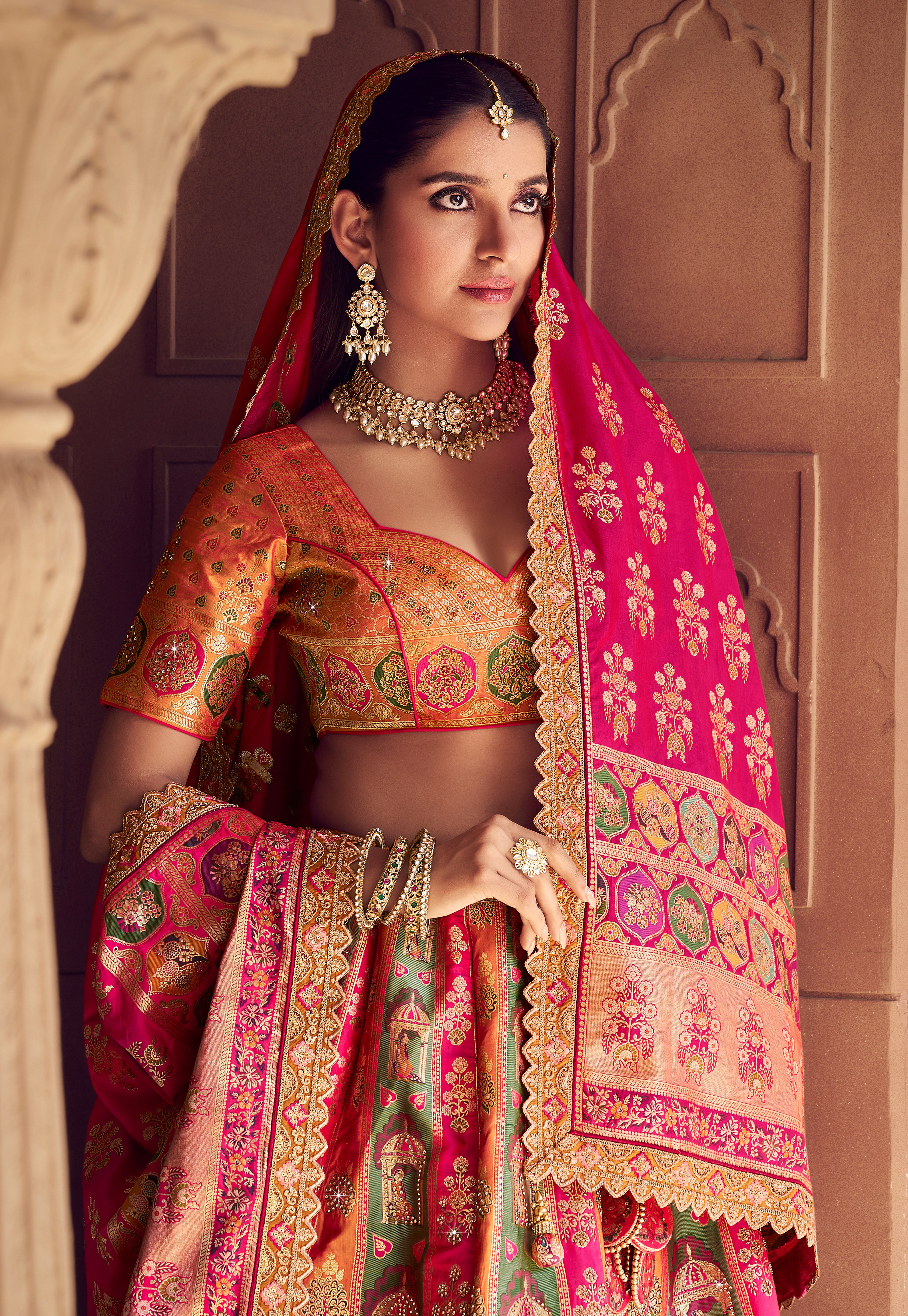 Multicolor Banarasi Premium Silk Lehenga Choli With Heavy Thread Embroidery, Sequence, Swarovski ,Stone With Zari Weaving Work
