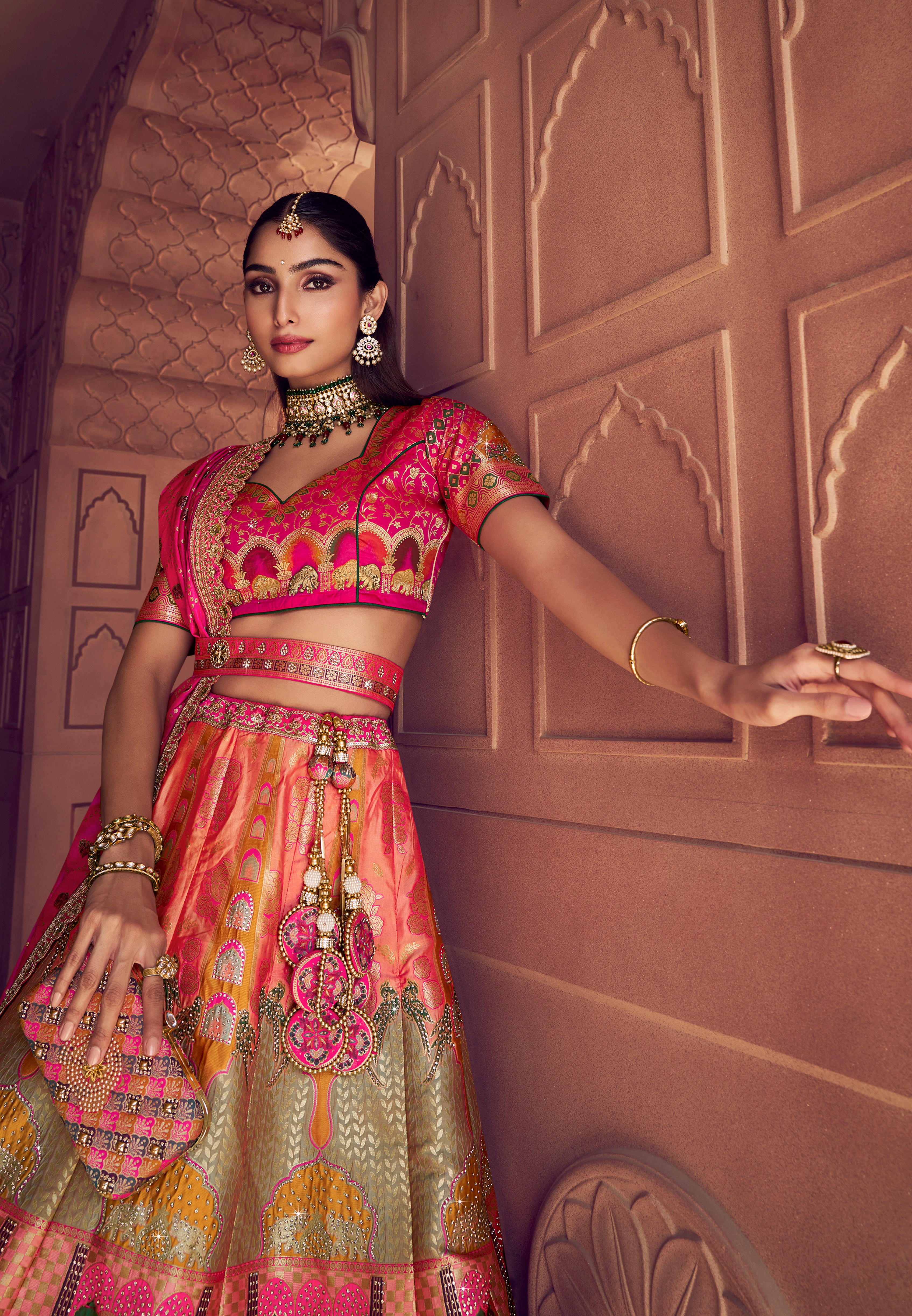 Multicolor Banarasi Premium Silk Lehenga Choli With Heavy Thread Embroidery, Sequence, Swarovski ,Stone With Zari Weaving Work