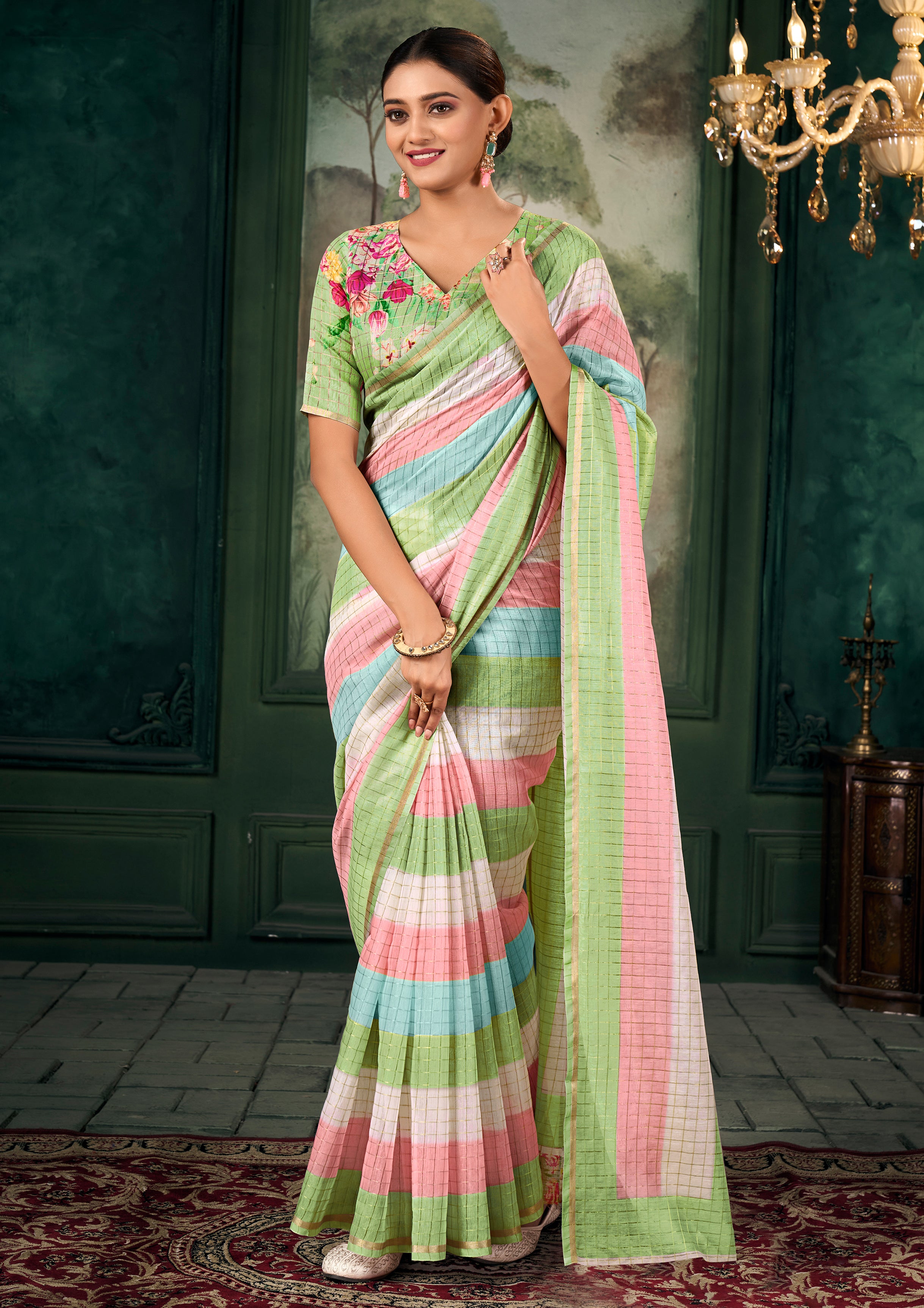 Multicolor Chanderi Linen Silk Saree With  Printed With Woven Work