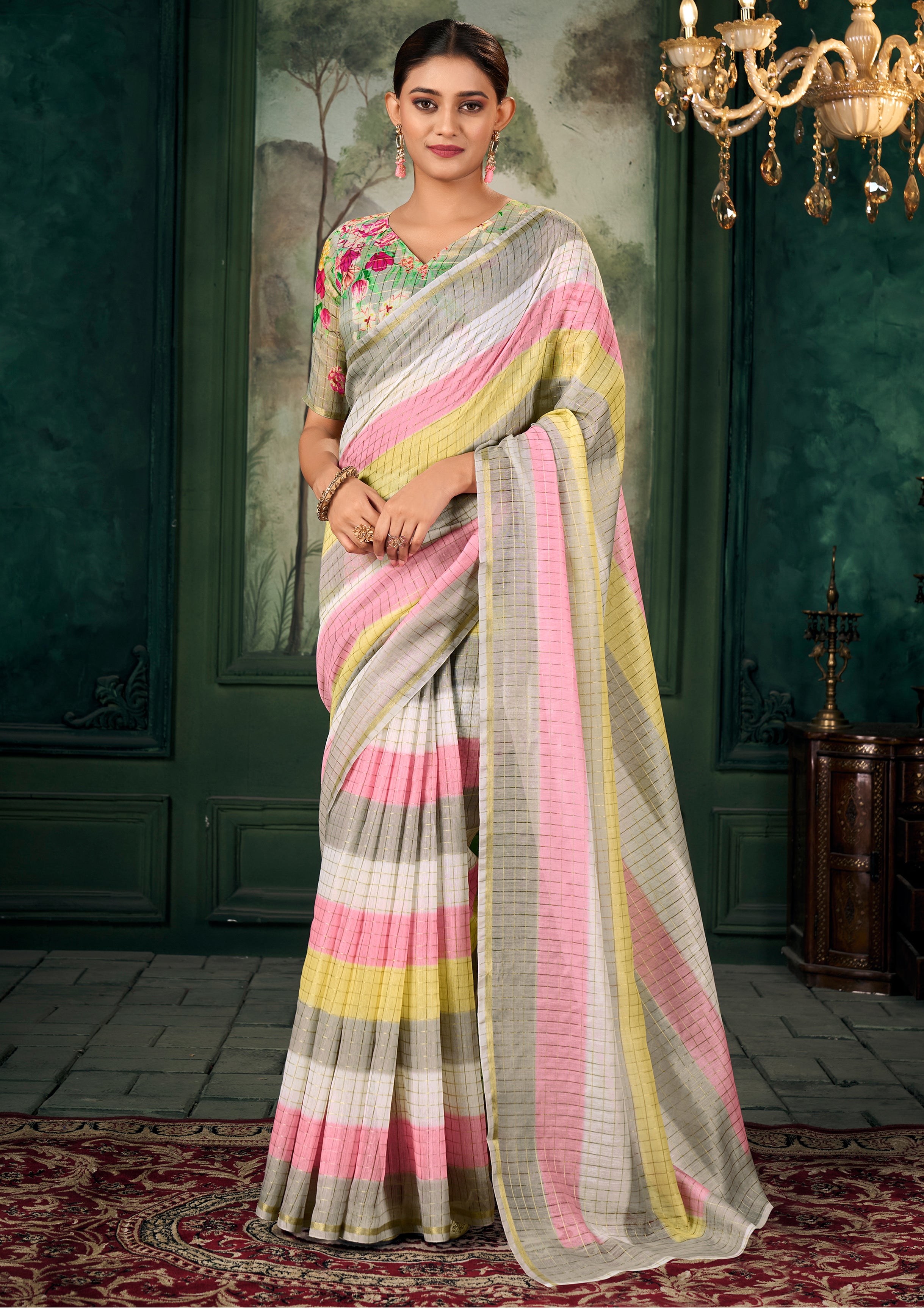 Multicolor Chanderi Linen Silk Saree With  Printed With Woven Work