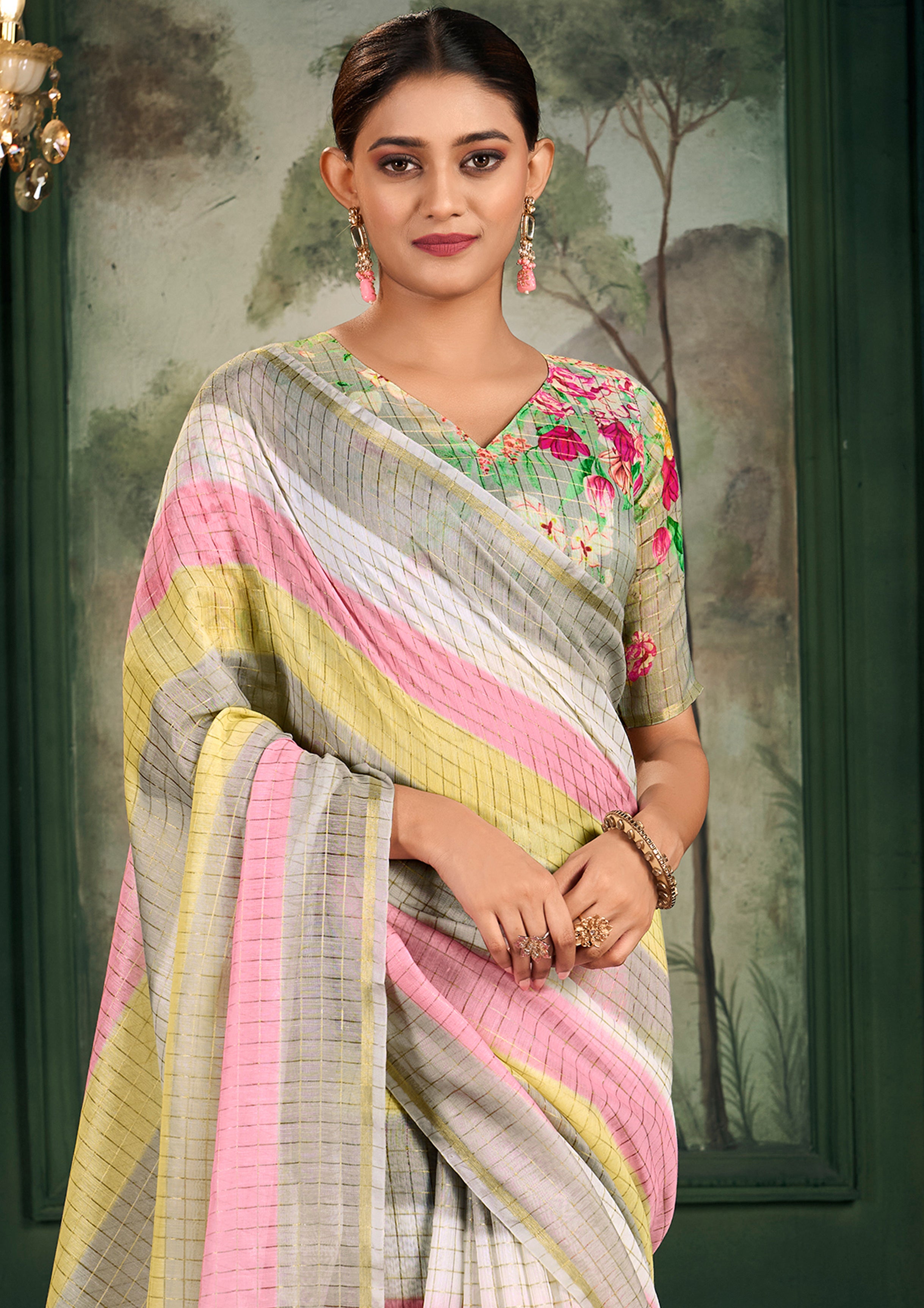 Multicolor Chanderi Linen Silk Saree With  Printed With Woven Work