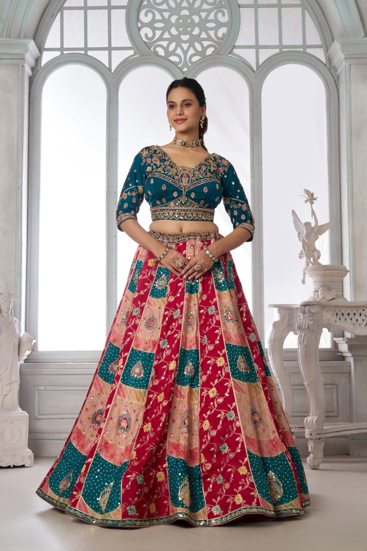 Multicolor Chinon Silk Mehendi Special Lehenga Choli with Embroidered Blouse