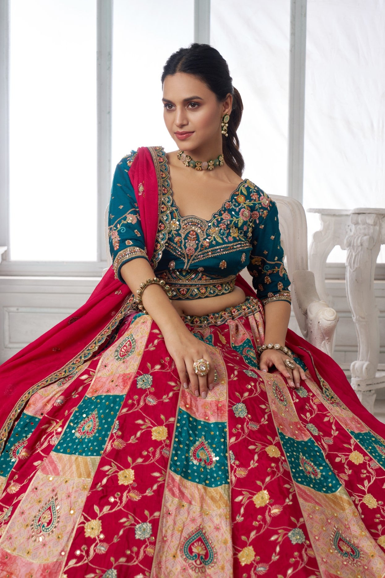 Multicolor Chinon Silk Mehendi Special Lehenga Choli with Embroidered Blouse