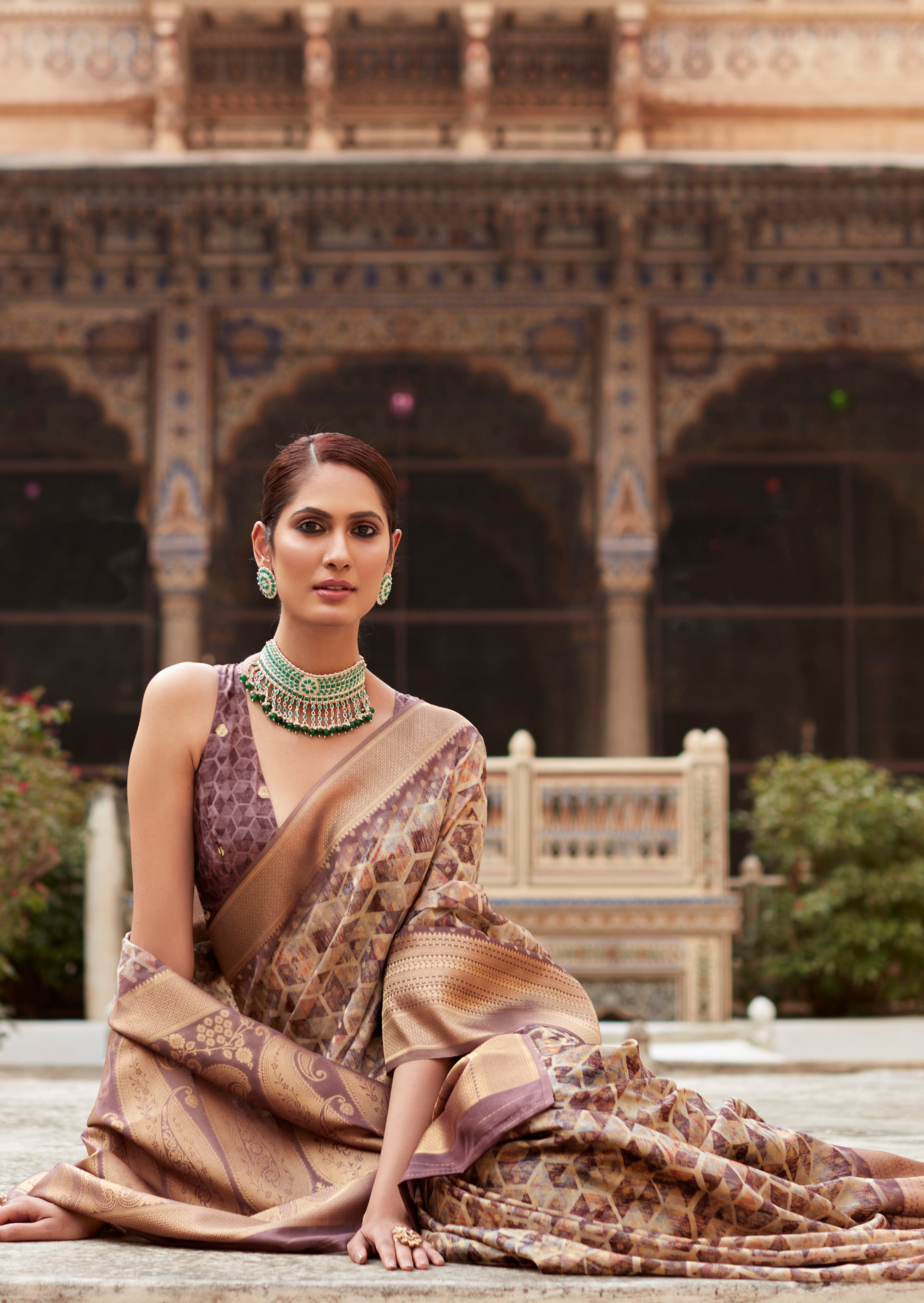 Multicolor Crepe Silk Saree With  Print With Woven Work