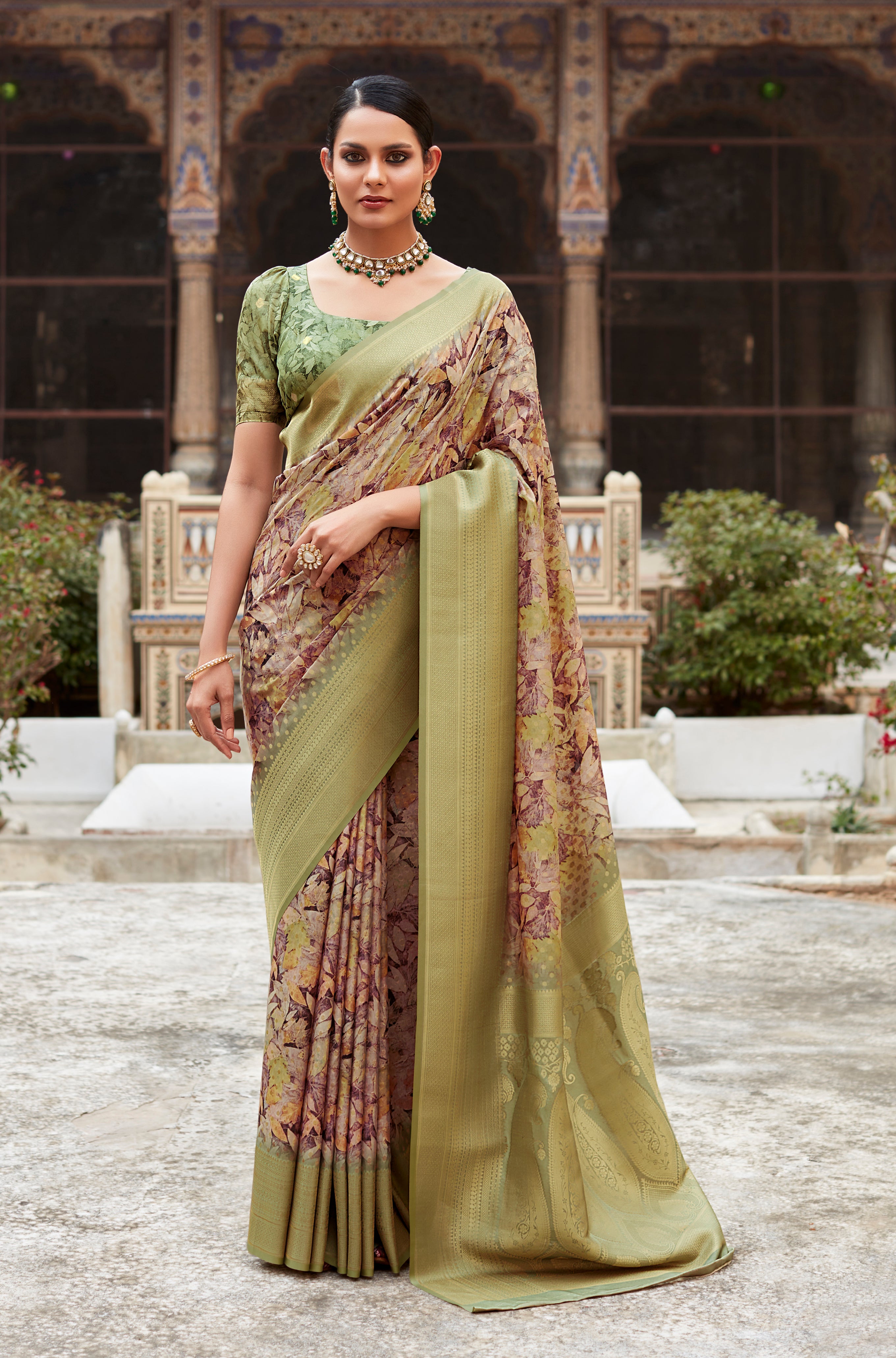 Multicolor Crepe Silk Saree With  Print and Woven Work