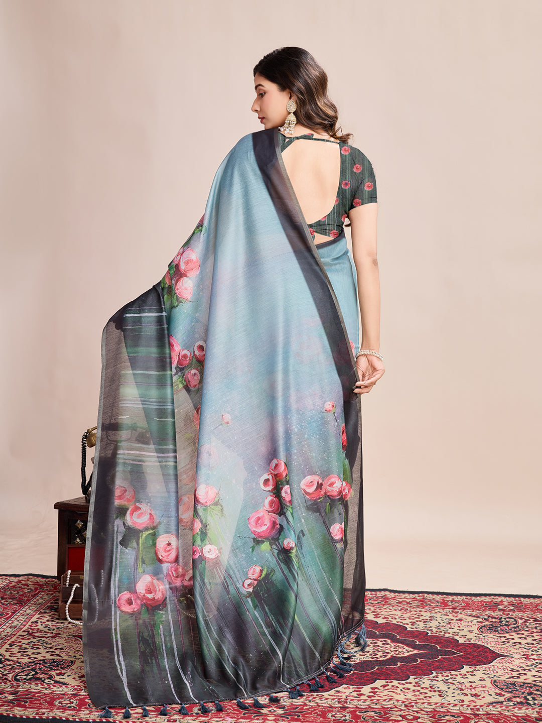 Multicolor Designer Printed Linen Fabric Partywear Saree For Trendy Designer Looks