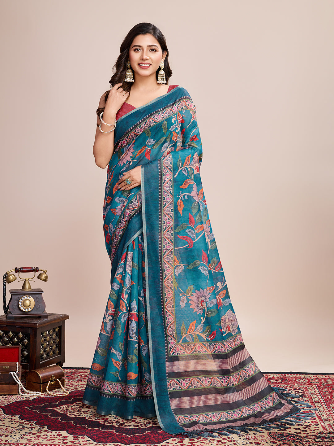 Multicolor Designer Printed Linen Fabric Partywear Saree For Trendy Designer Looks