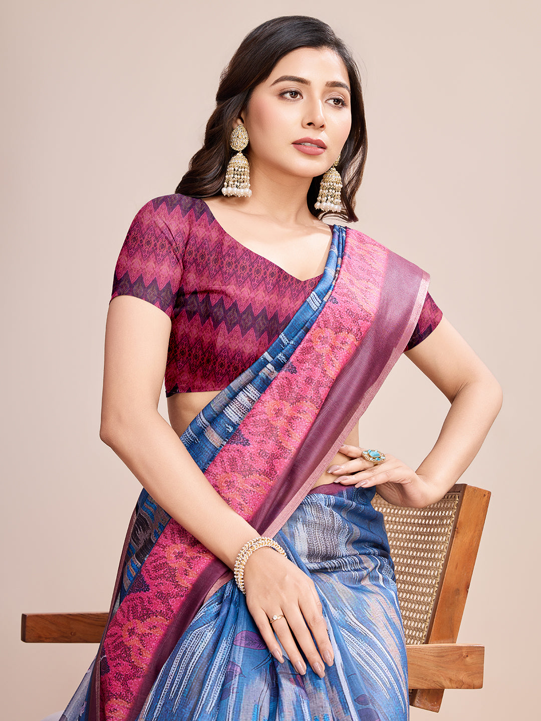 Multicolor Designer Printed Linen Fabric Partywear Saree For Trendy Designer Looks