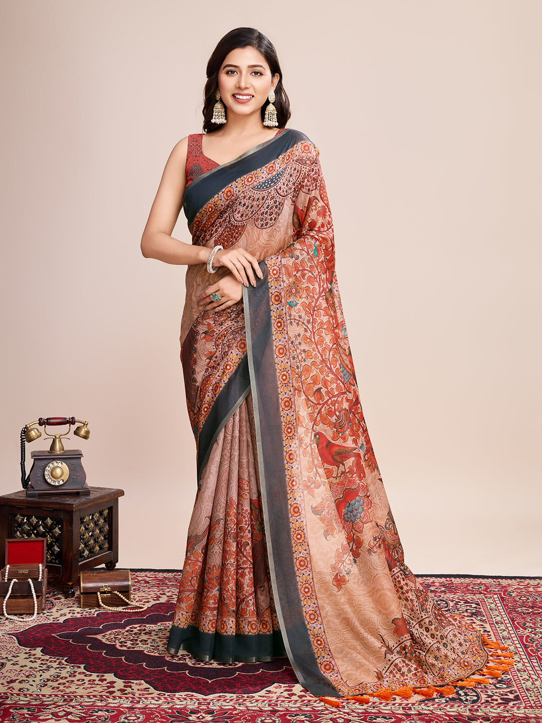 Multicolor Designer Printed Linen Fabric Partywear Saree For Trendy Designer Looks