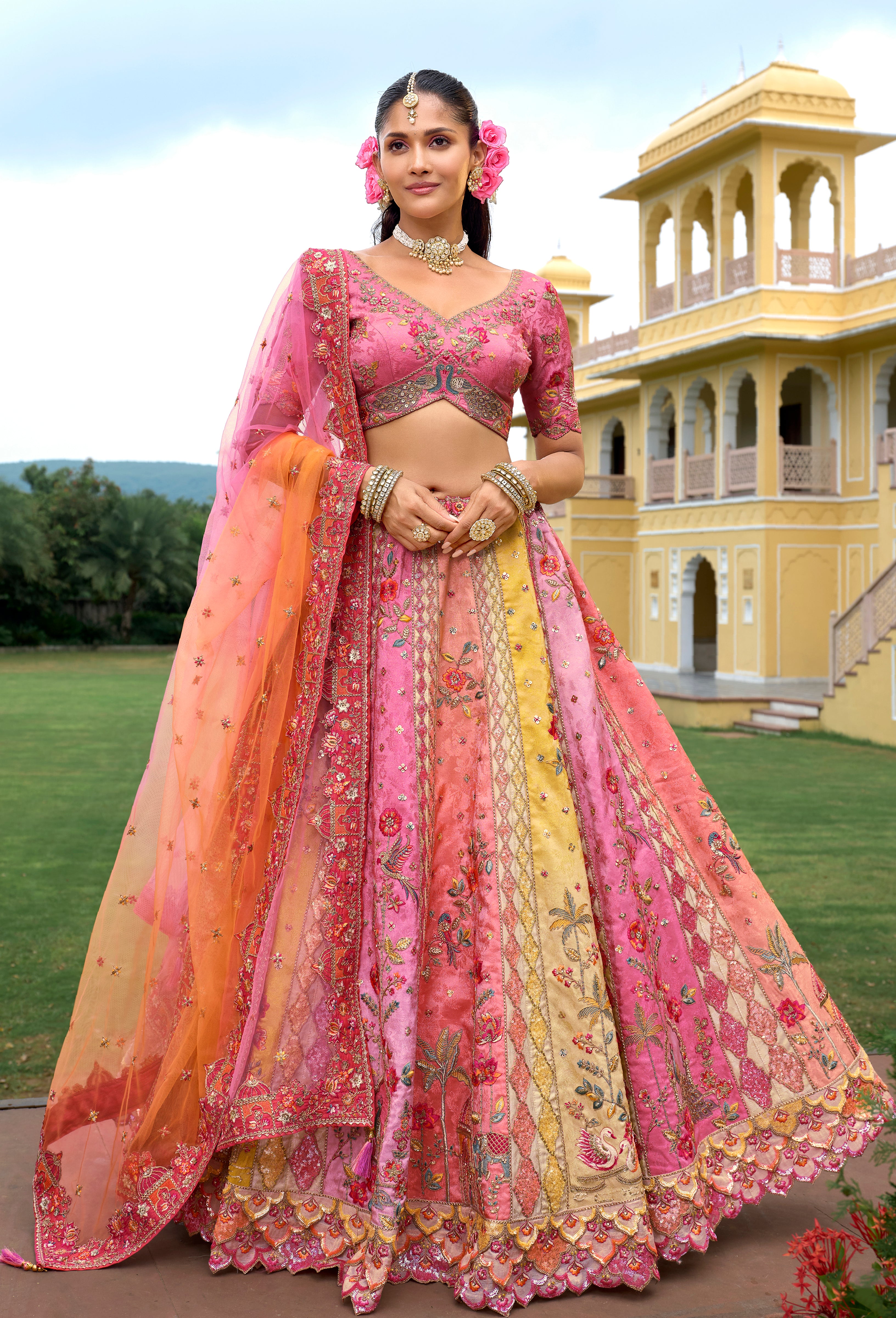 Multicolor Fancy Silk Lehenga Choli With Heavy Thread Embroidery, Stone, Sequence, Mirror and Cut Work Border