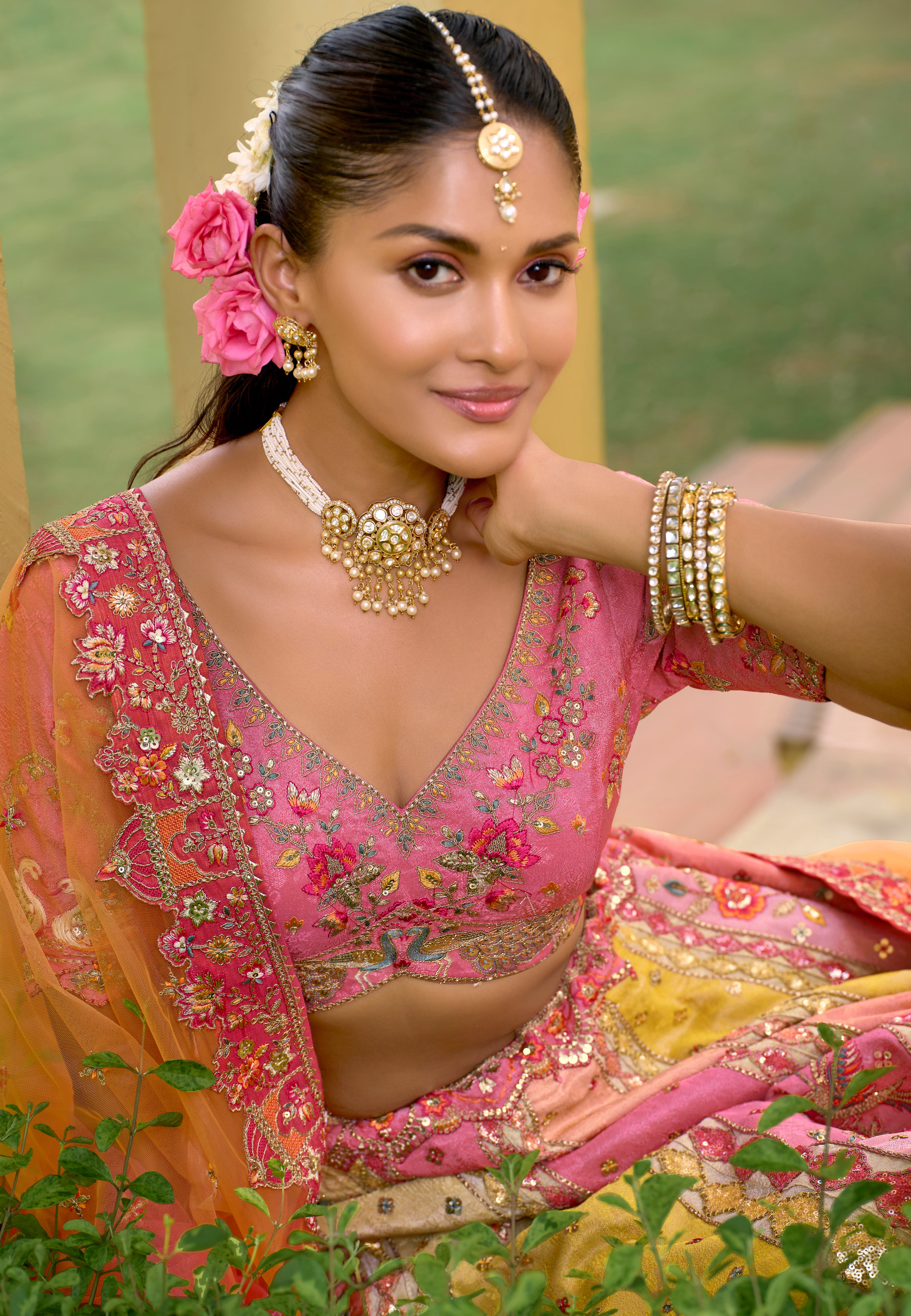Multicolor Fancy Silk Lehenga Choli With Heavy Thread Embroidery, Stone, Sequence, Mirror and Cut Work Border
