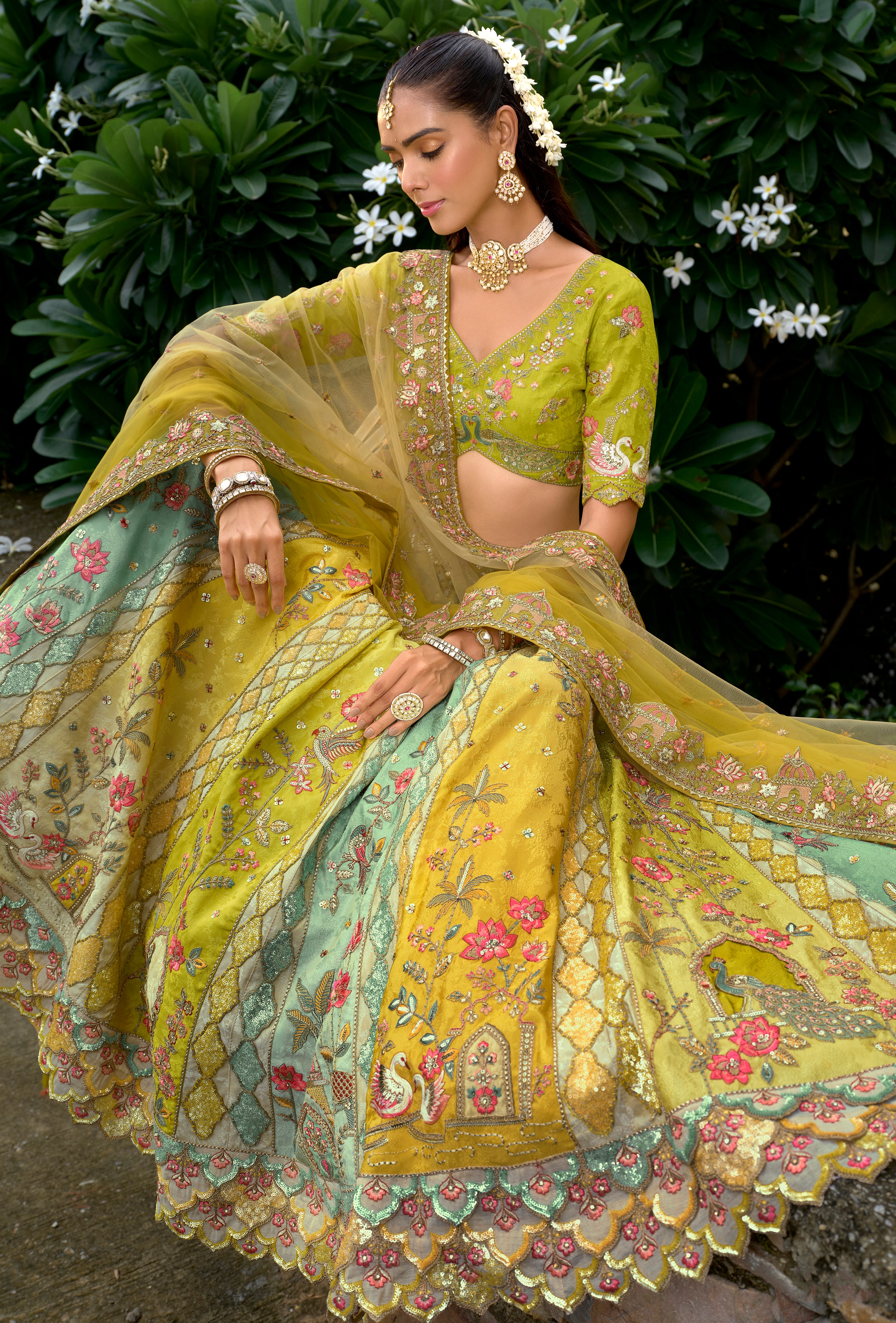 Multicolor Fancy Silk Lehenga Choli With Heavy Thread Embroidery, Stone, Sequence, Mirror and Cut Work Border