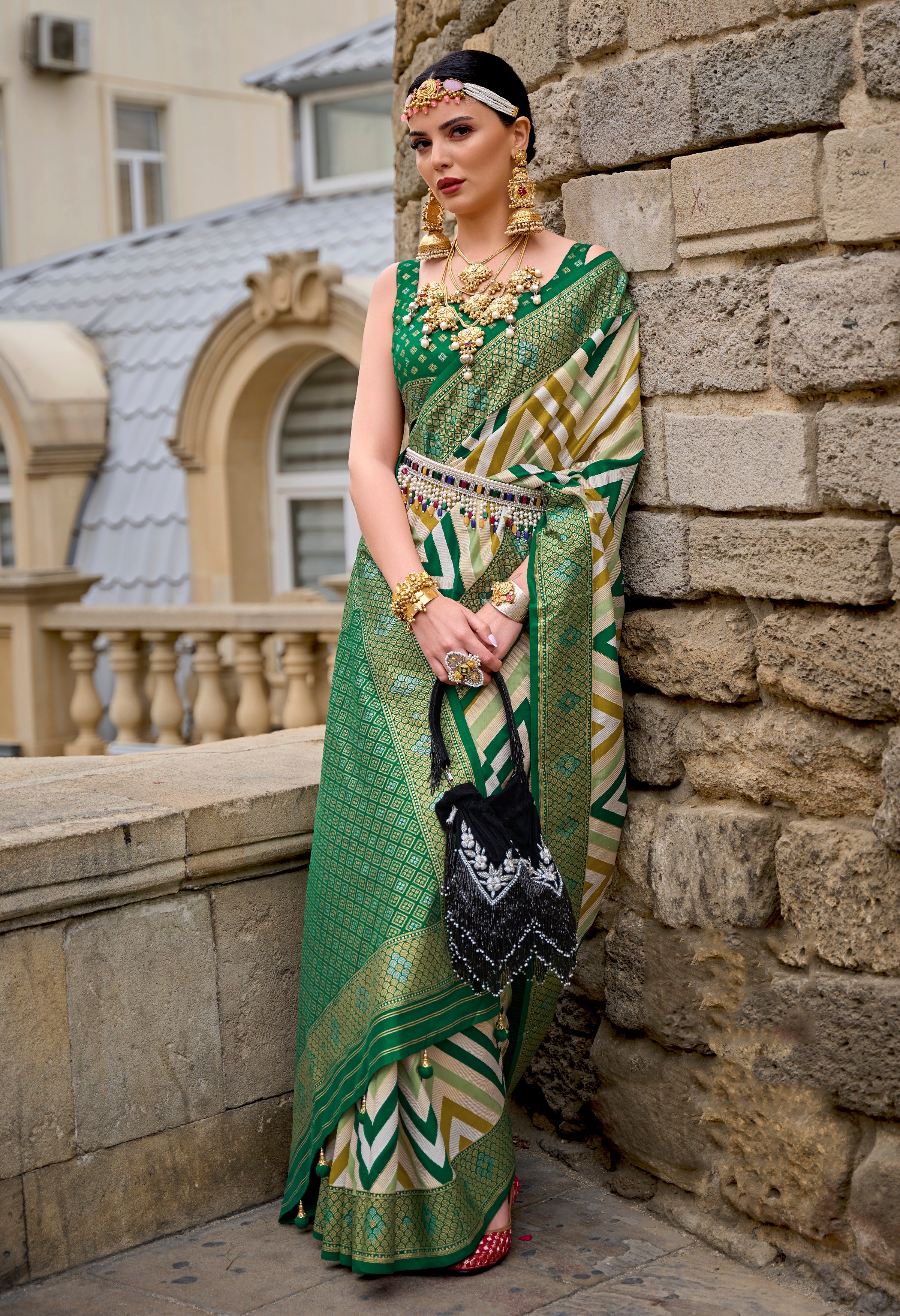 Multicolor Green Superior Silk Saree With Jacquard Woven