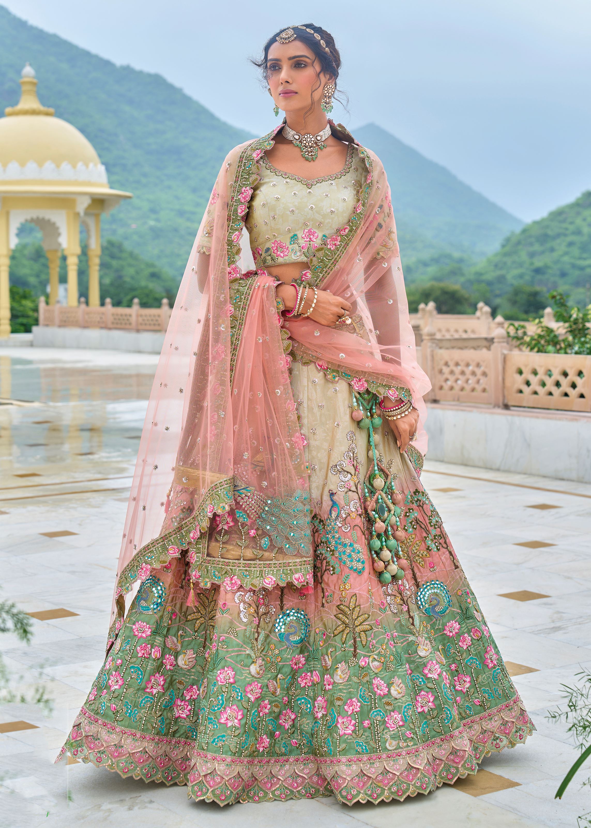 Multicolor Lehenga Choli With Heavy Thread Embroidery, Zari With Sequins Work