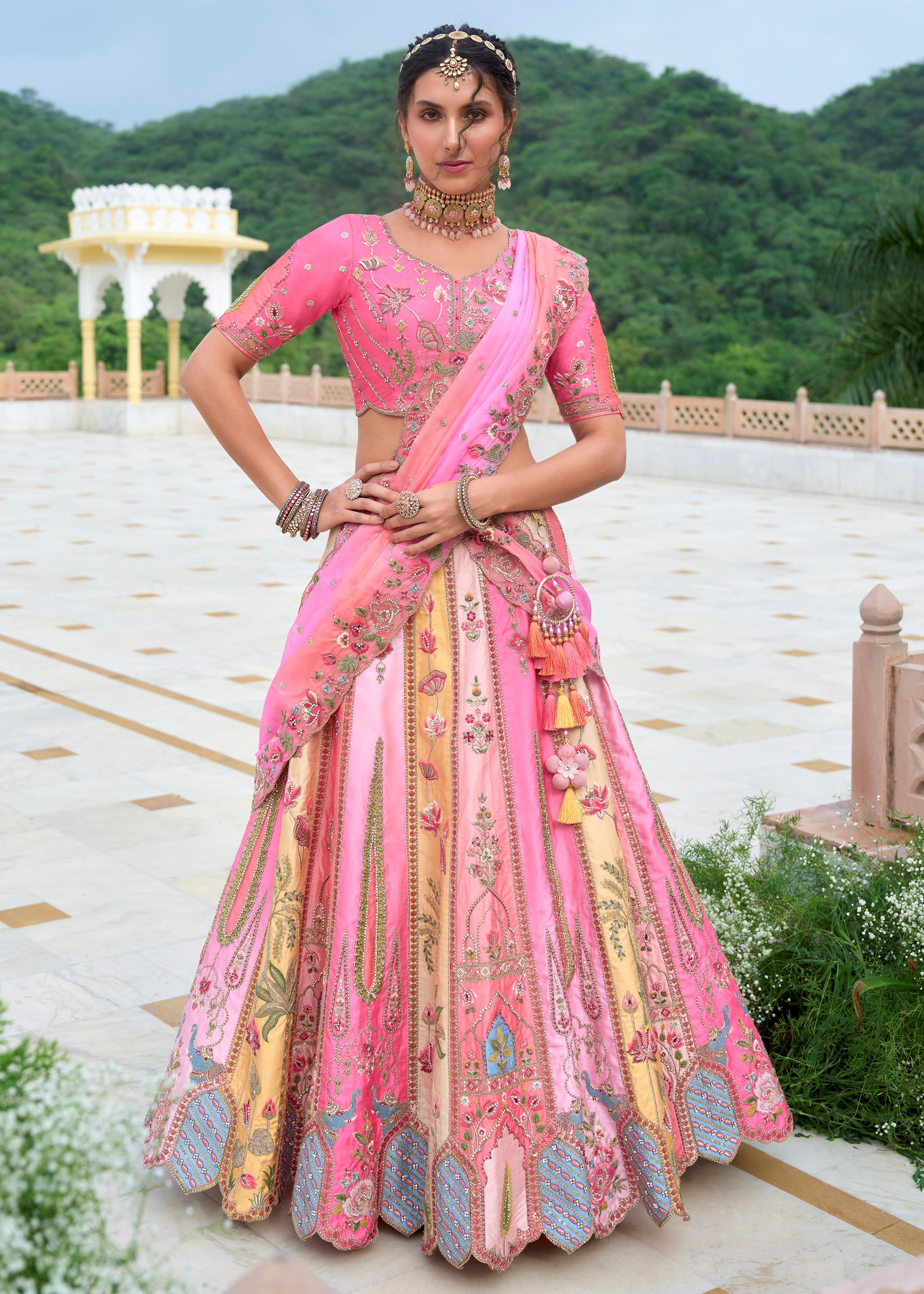 Multicolor Lehenga Choli With Heavy Thread Embroidery, Zari With Sequins Work