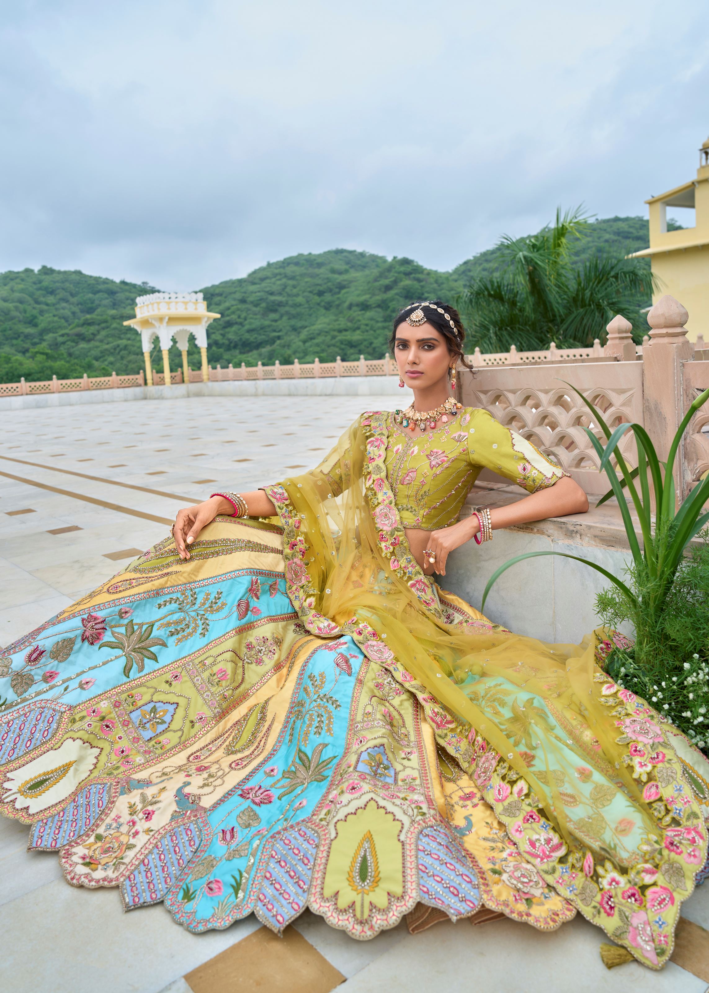 Multicolor Lehenga Choli With Heavy Thread Embroidery, Zari With Sequins Work