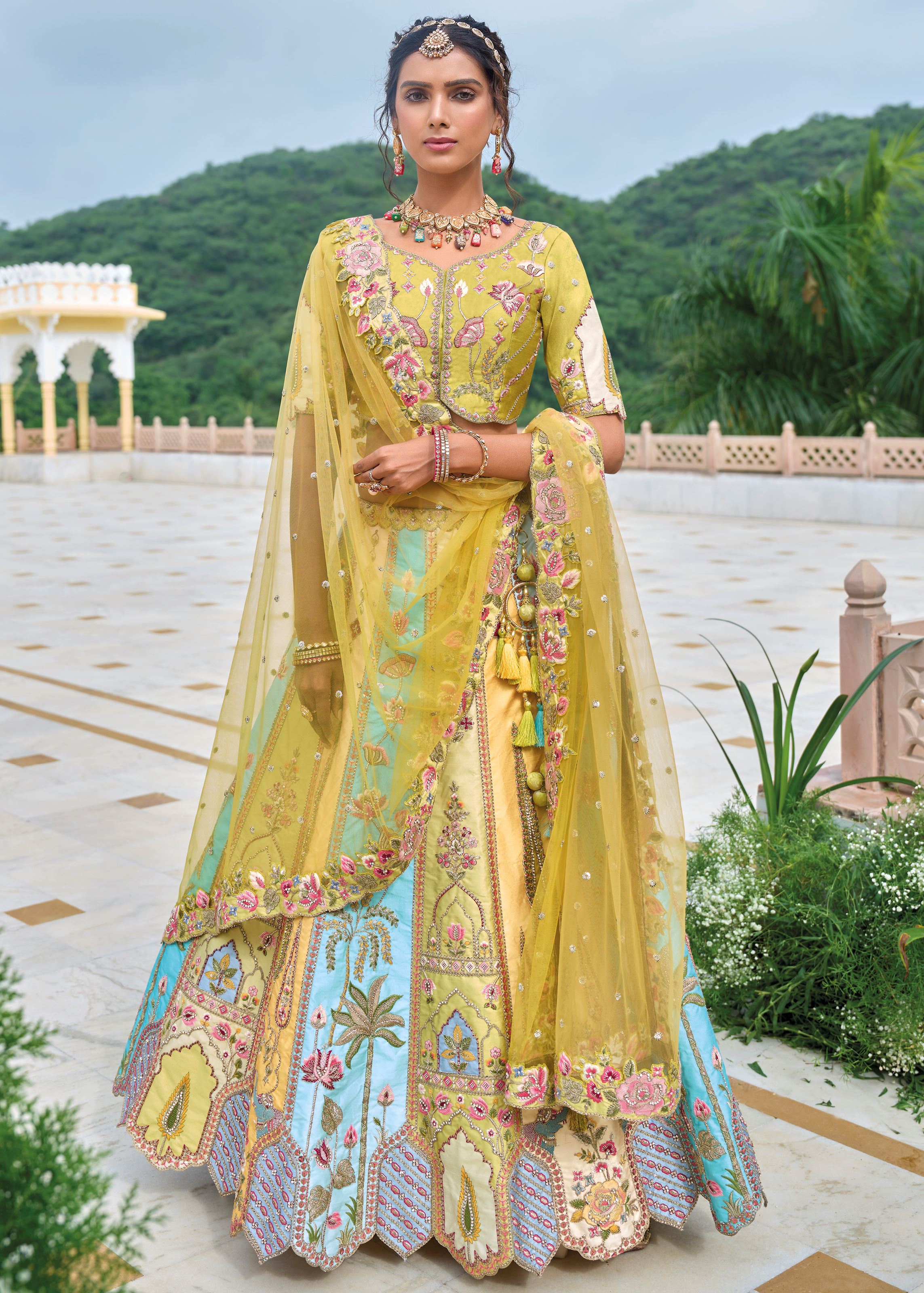 Multicolor Lehenga Choli With Heavy Thread Embroidery, Zari With Sequins Work
