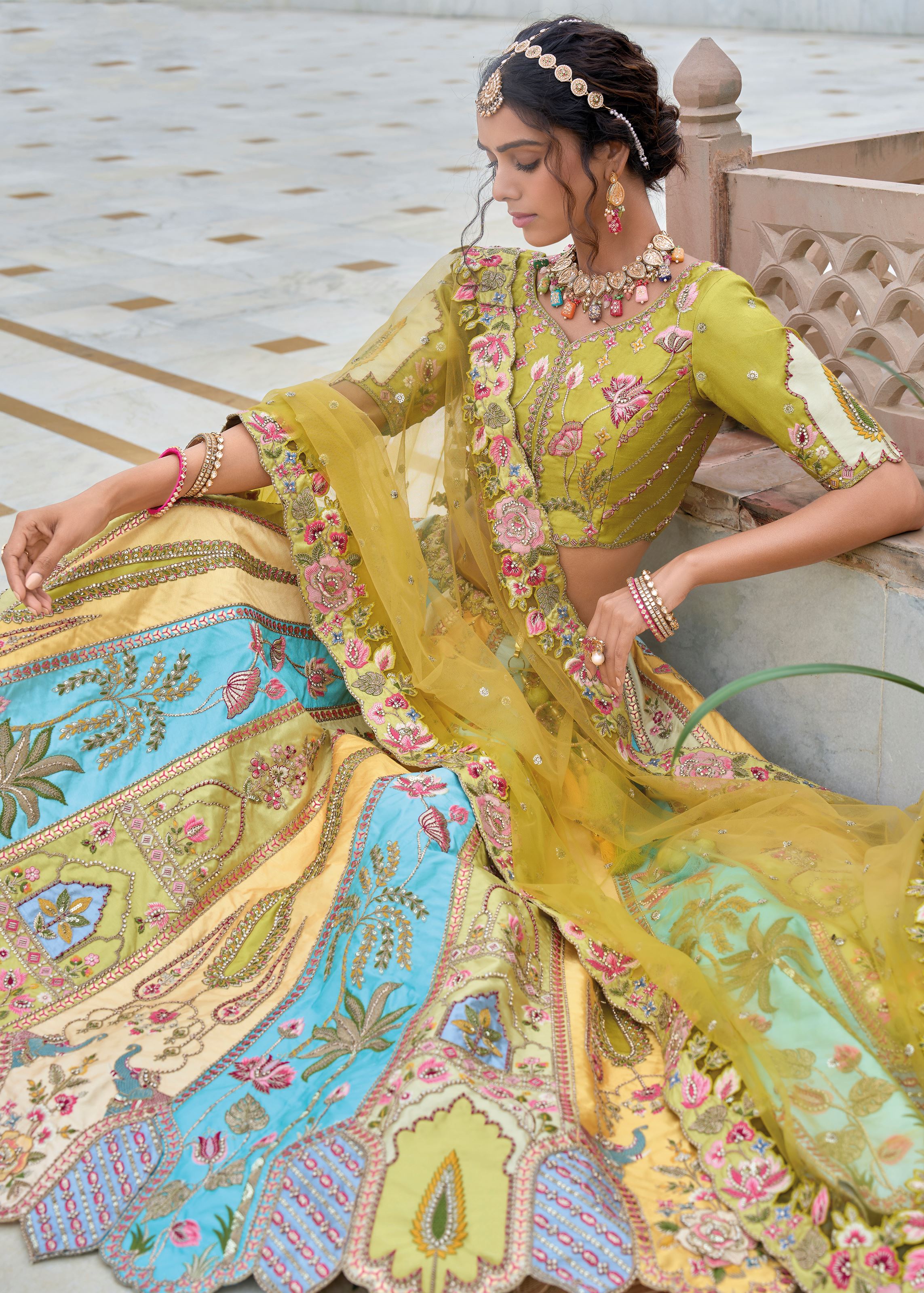 Multicolor Lehenga Choli With Heavy Thread Embroidery, Zari With Sequins Work