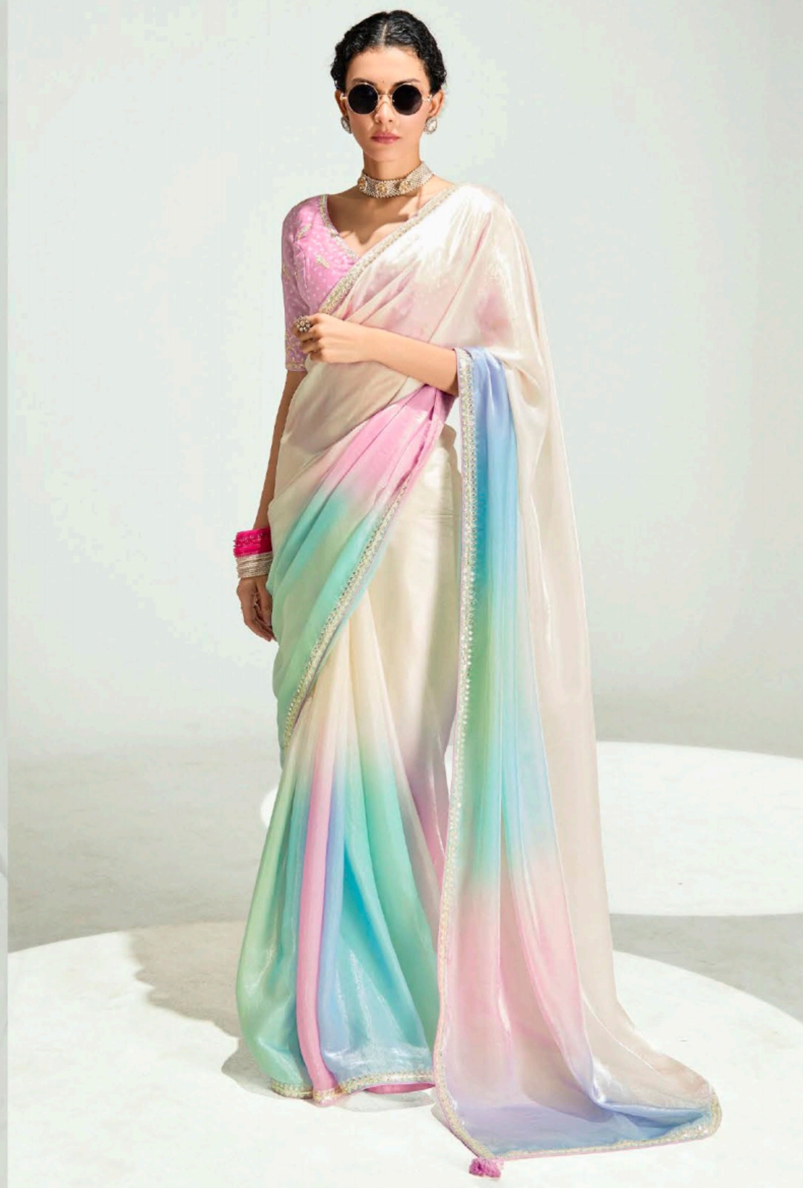 Multicolor Organza Saree with Embroidered Blouse