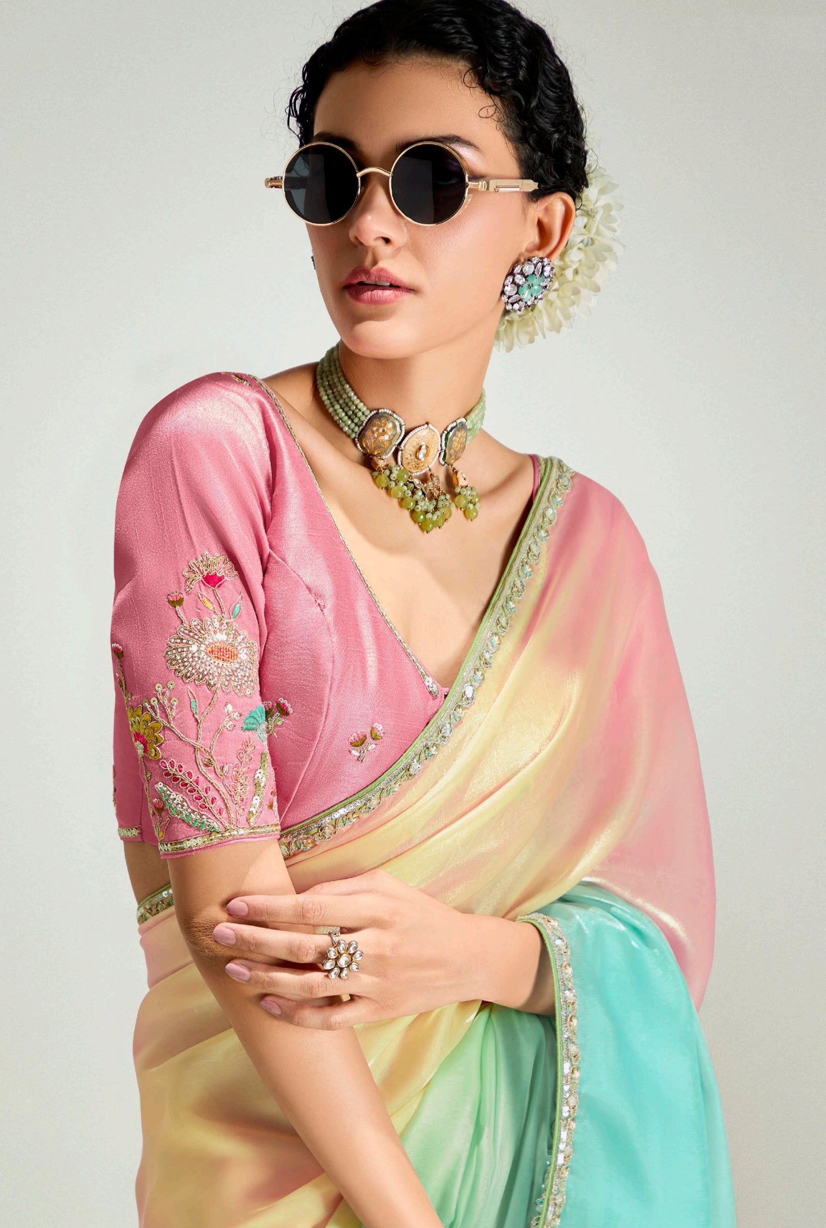 Multicolor Organza Tissue Saree With  Border Work and Embroidered Blouse