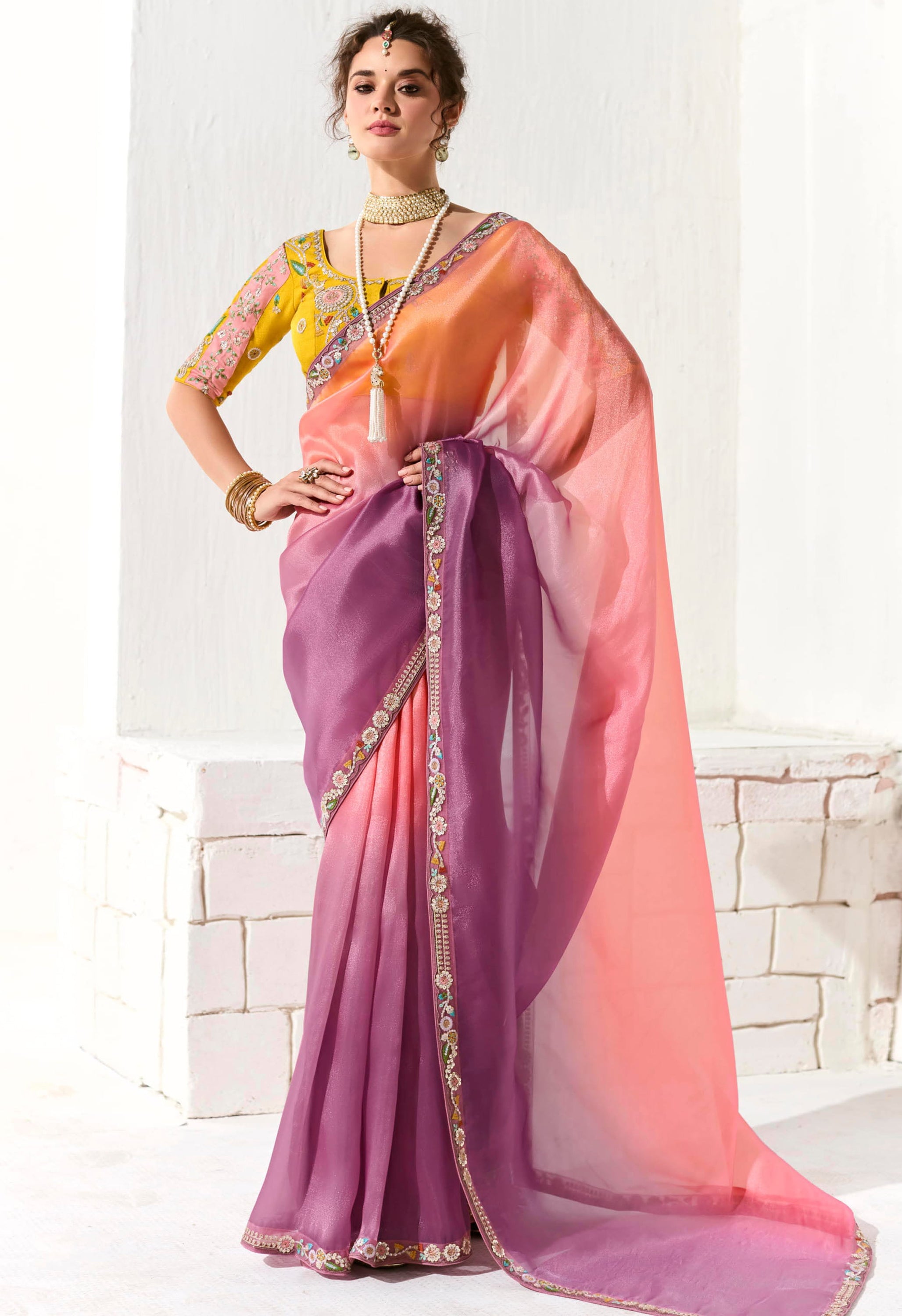 Multicolor Organza Tissue Saree With  Heavy Work Border With Embroidered Blouse