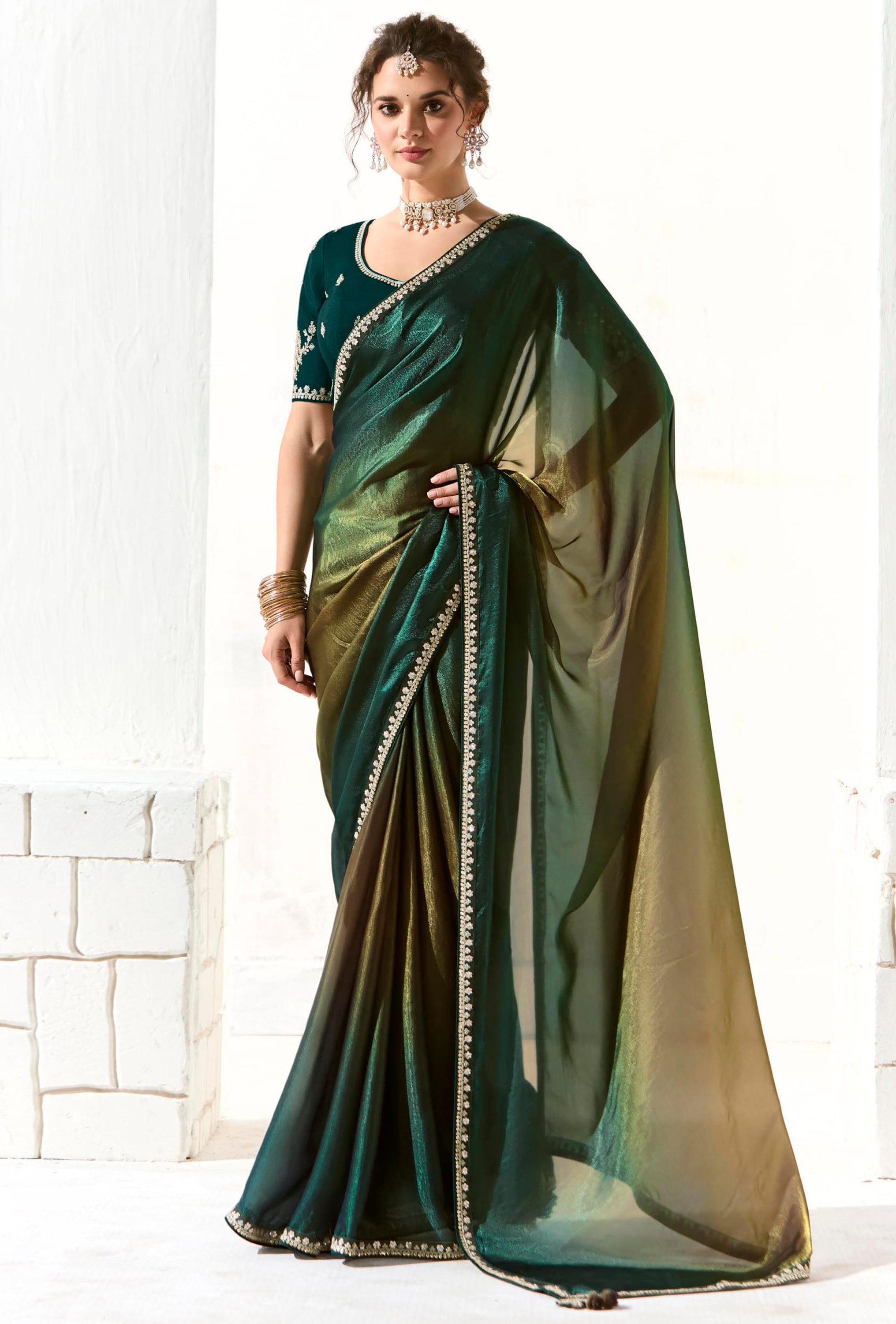 Multicolor Organza Tissue Saree With  Heavy Work Border With Embroidered Blouse