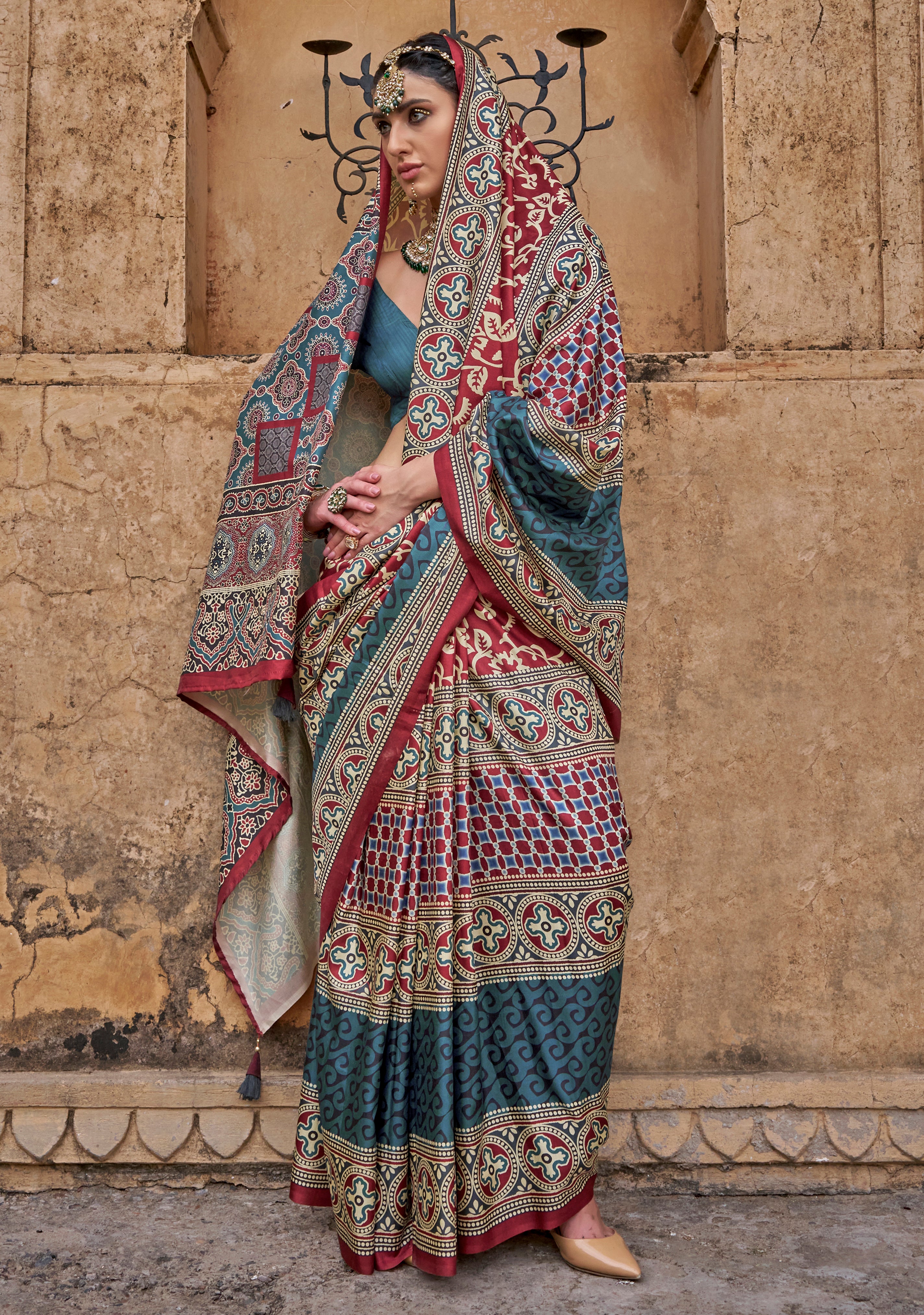 Multicolor PV Silk Saree with Ajrakh Print and Croma Finish