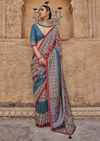 Multicolor PV Silk Saree with Ajrakh Print and Croma Finish