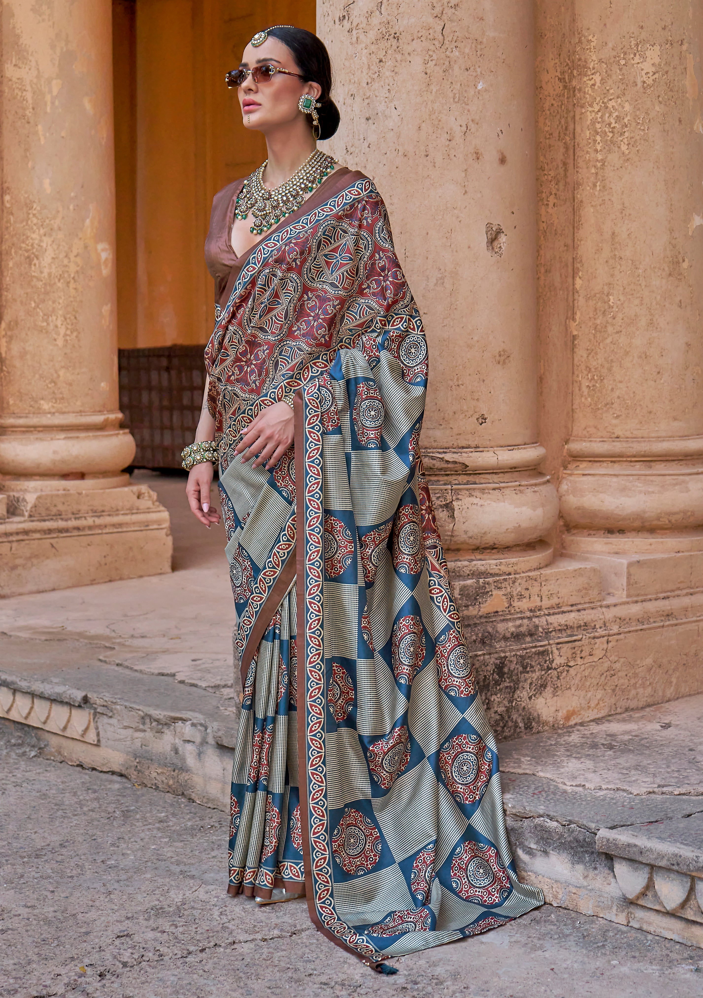 Multicolor PV Silk Saree with Ajrakh Print and Croma Finish
