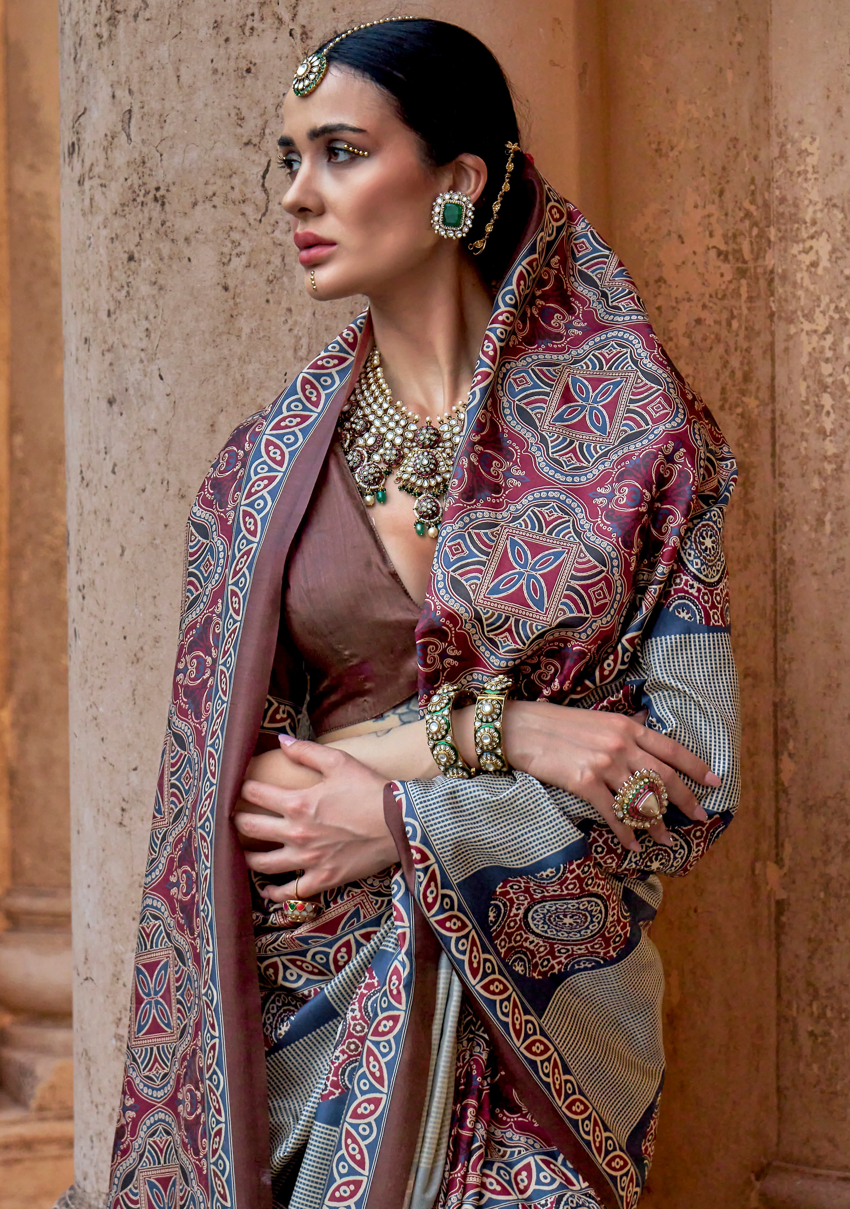 Multicolor PV Silk Saree with Ajrakh Print and Croma Finish