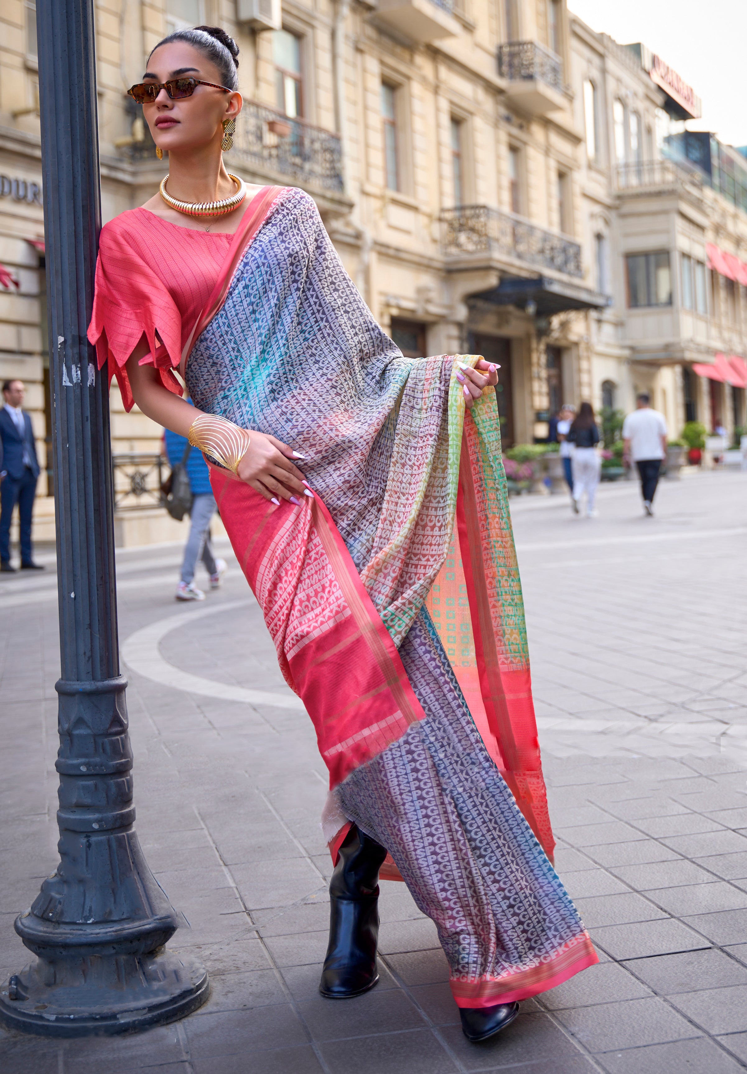 Multicolor Poly Viscose Saree with Print