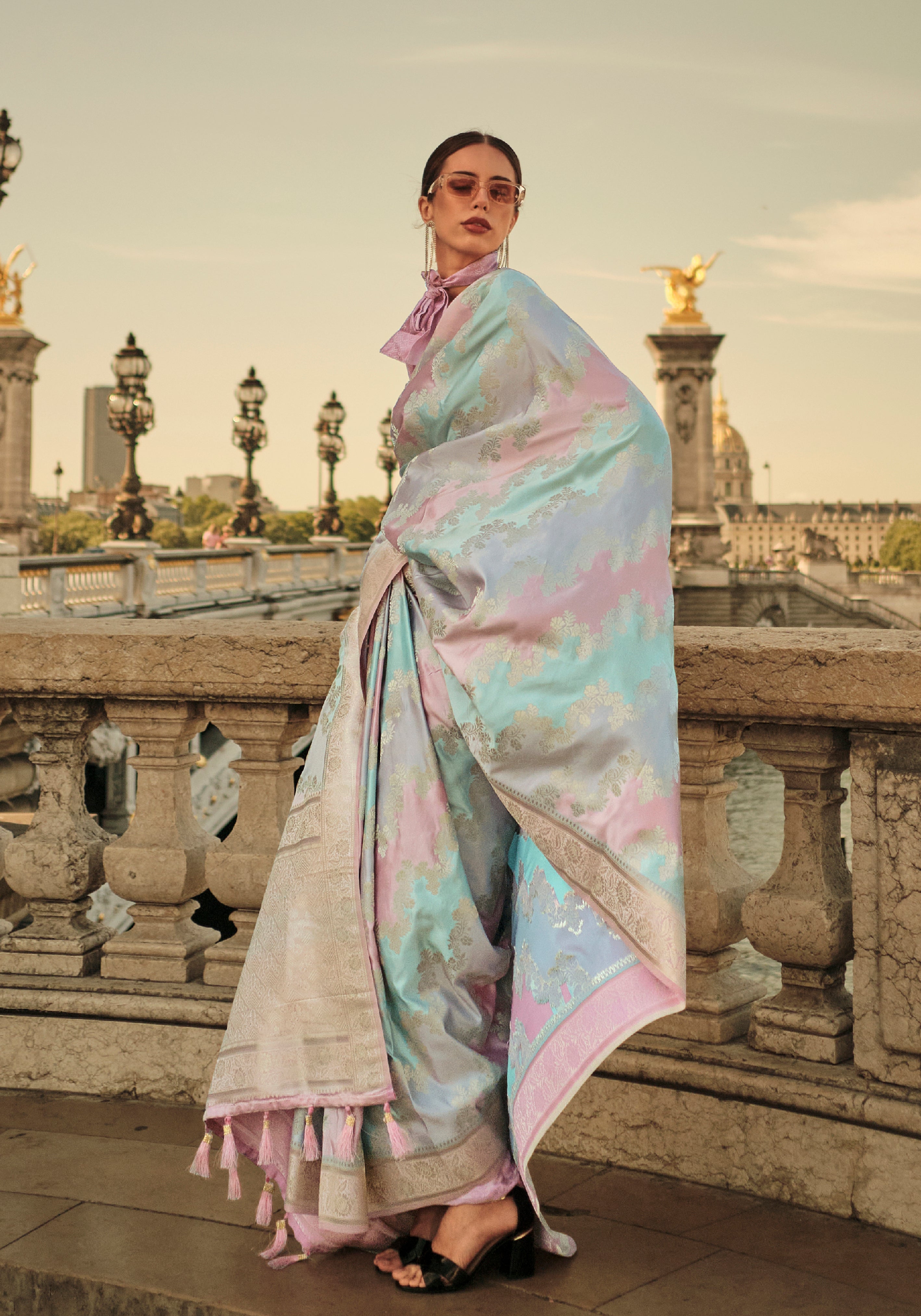 Multicolor Ranghat Satin Saree With  Woven Work
