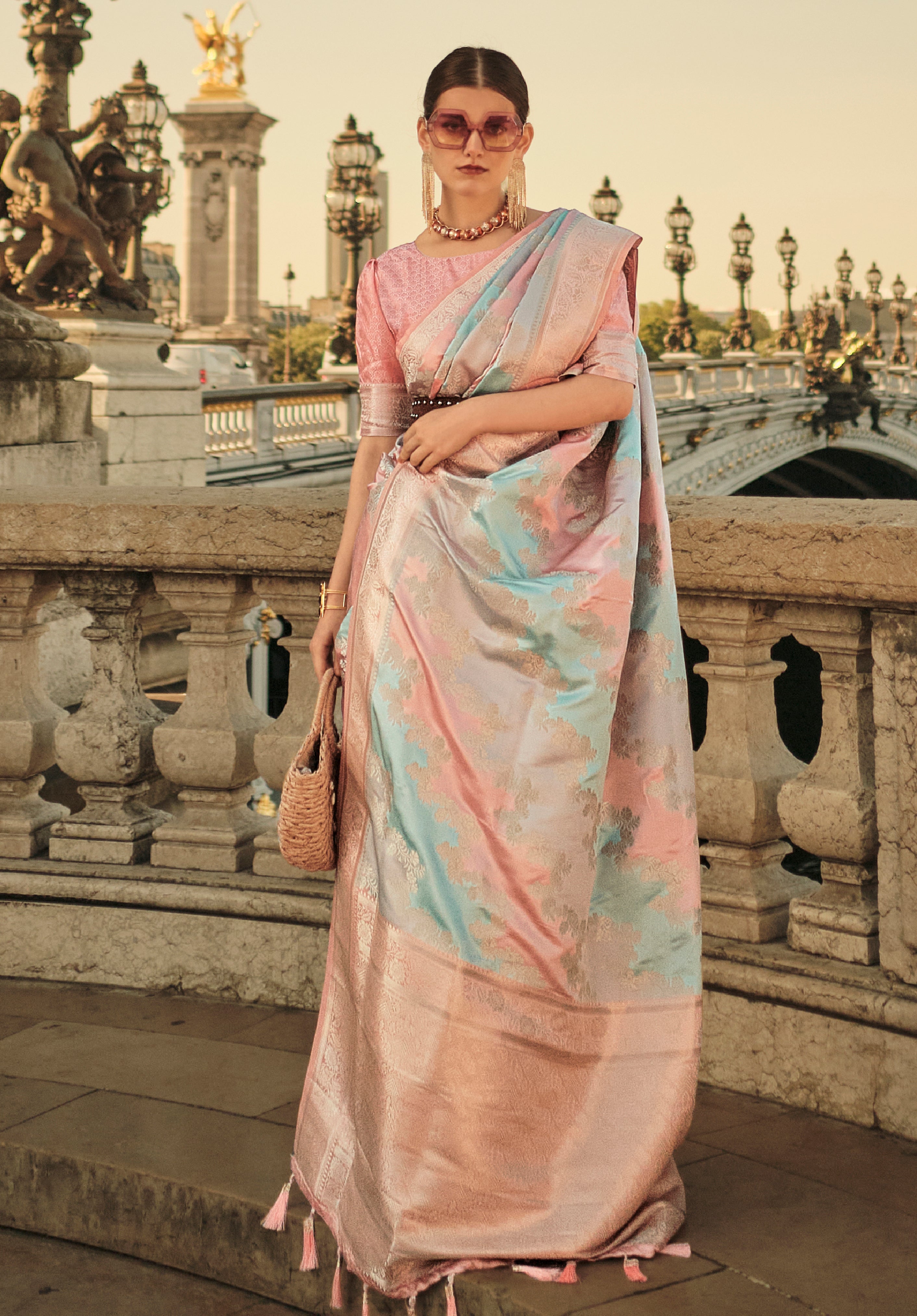 Multicolor Ranghat Satin Saree With  Woven Work