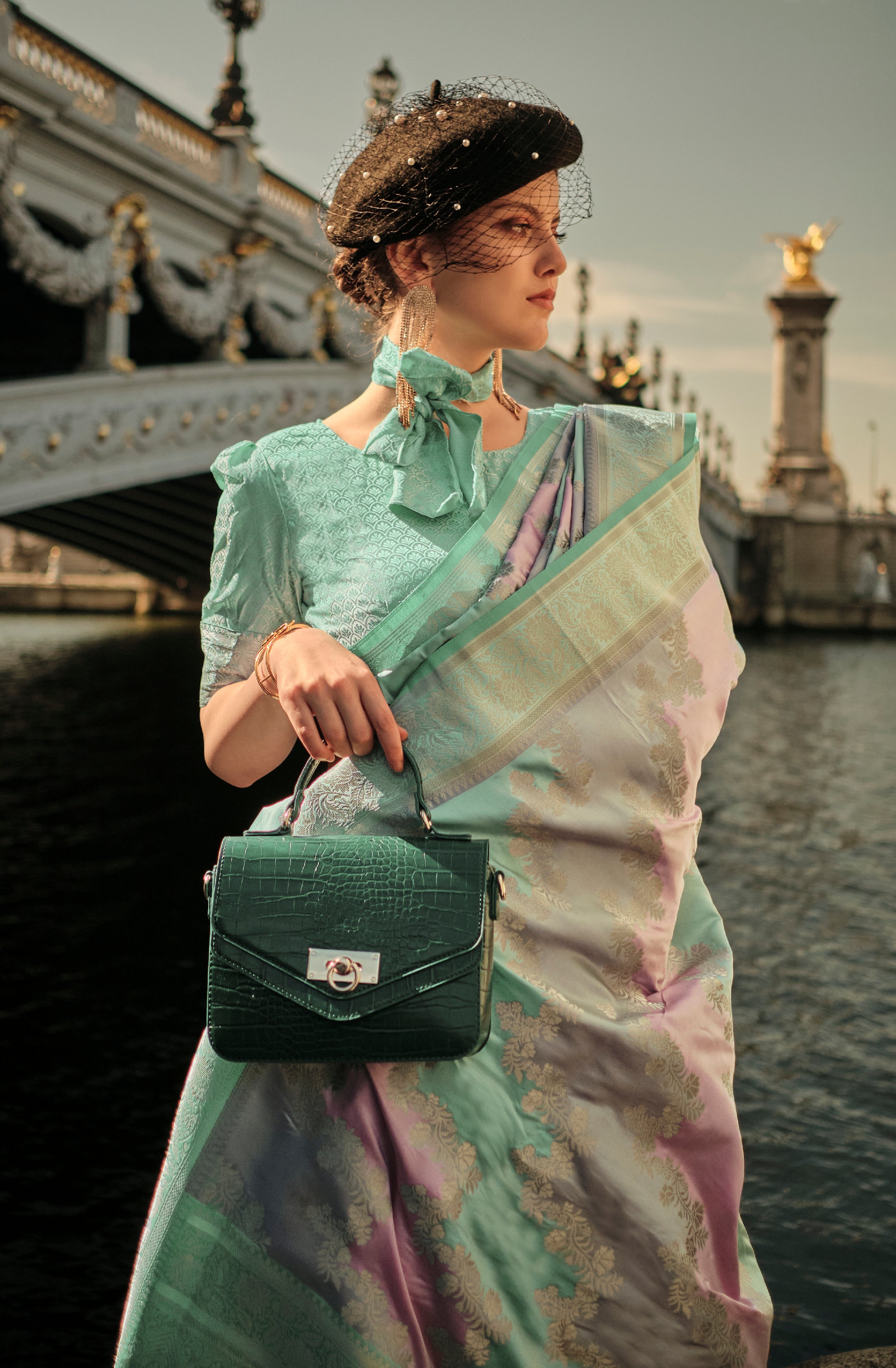 Multicolor Ranghat Satin Saree With  Woven Work