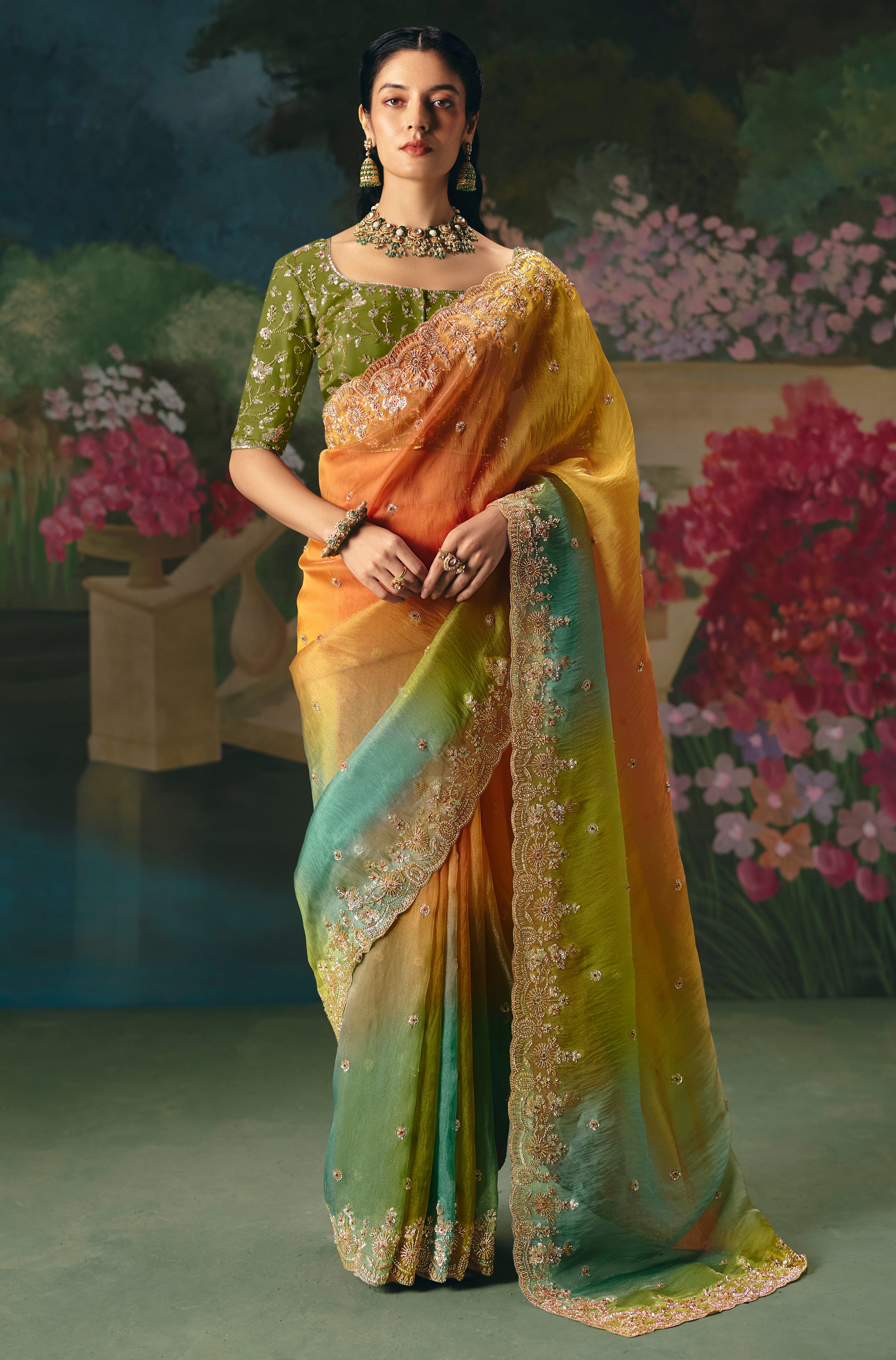 Multicolor Saree With  Heavy Designer Embroidery, Sequince, Stone, With Beads Work