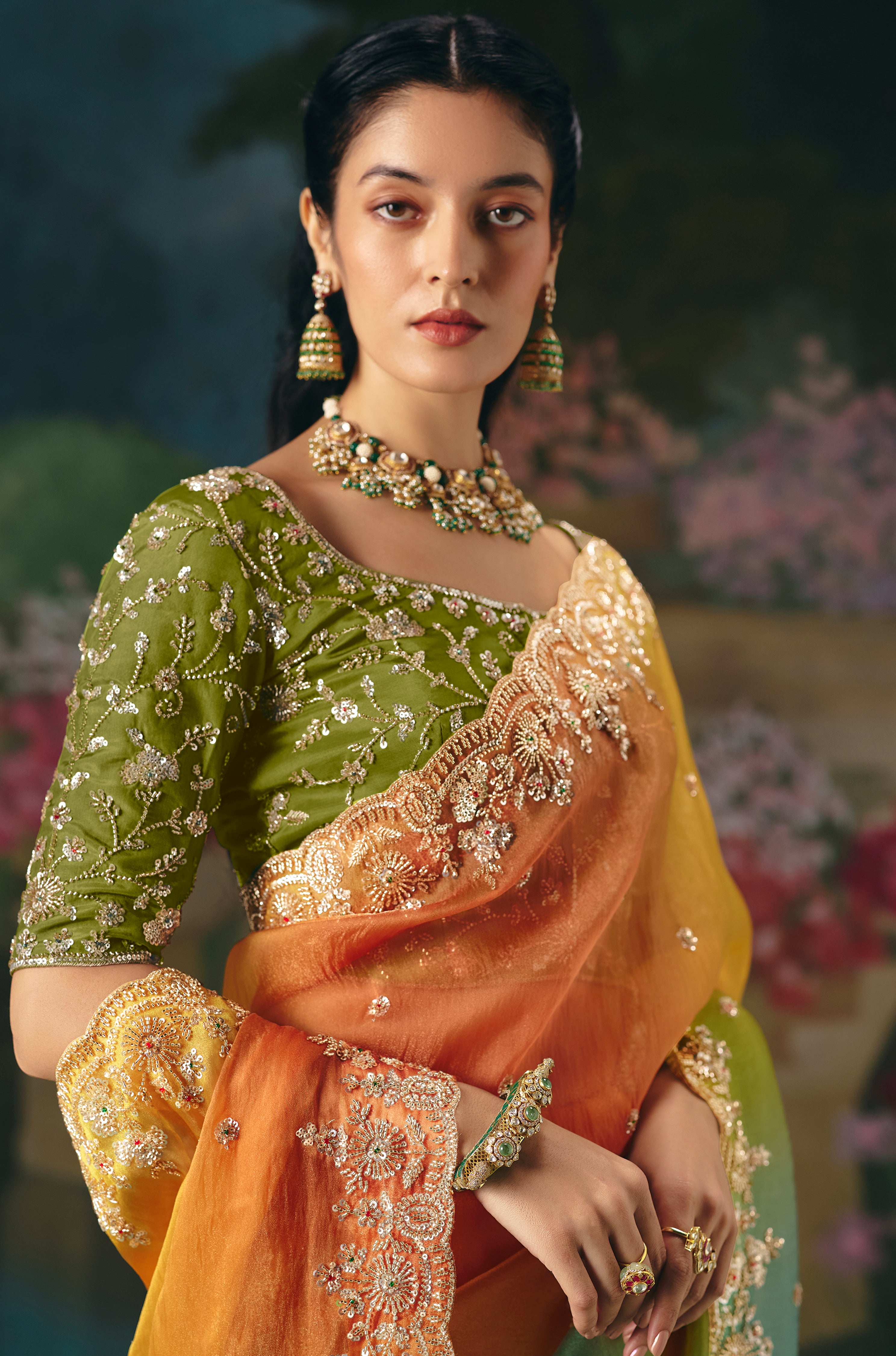 Multicolor Saree With  Heavy Designer Embroidery, Sequince, Stone, With Beads Work