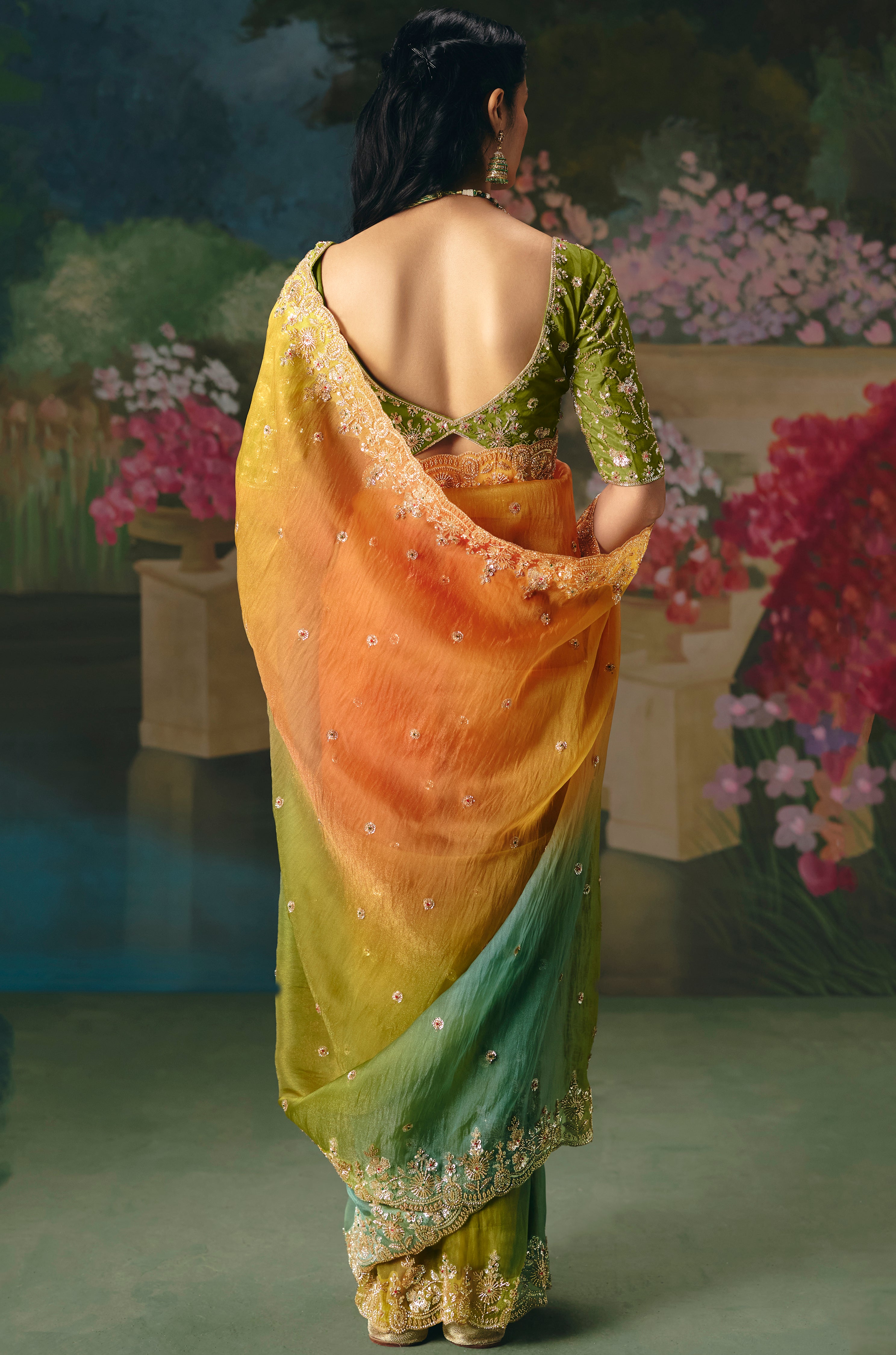 Multicolor Saree With  Heavy Designer Embroidery, Sequince, Stone, With Beads Work