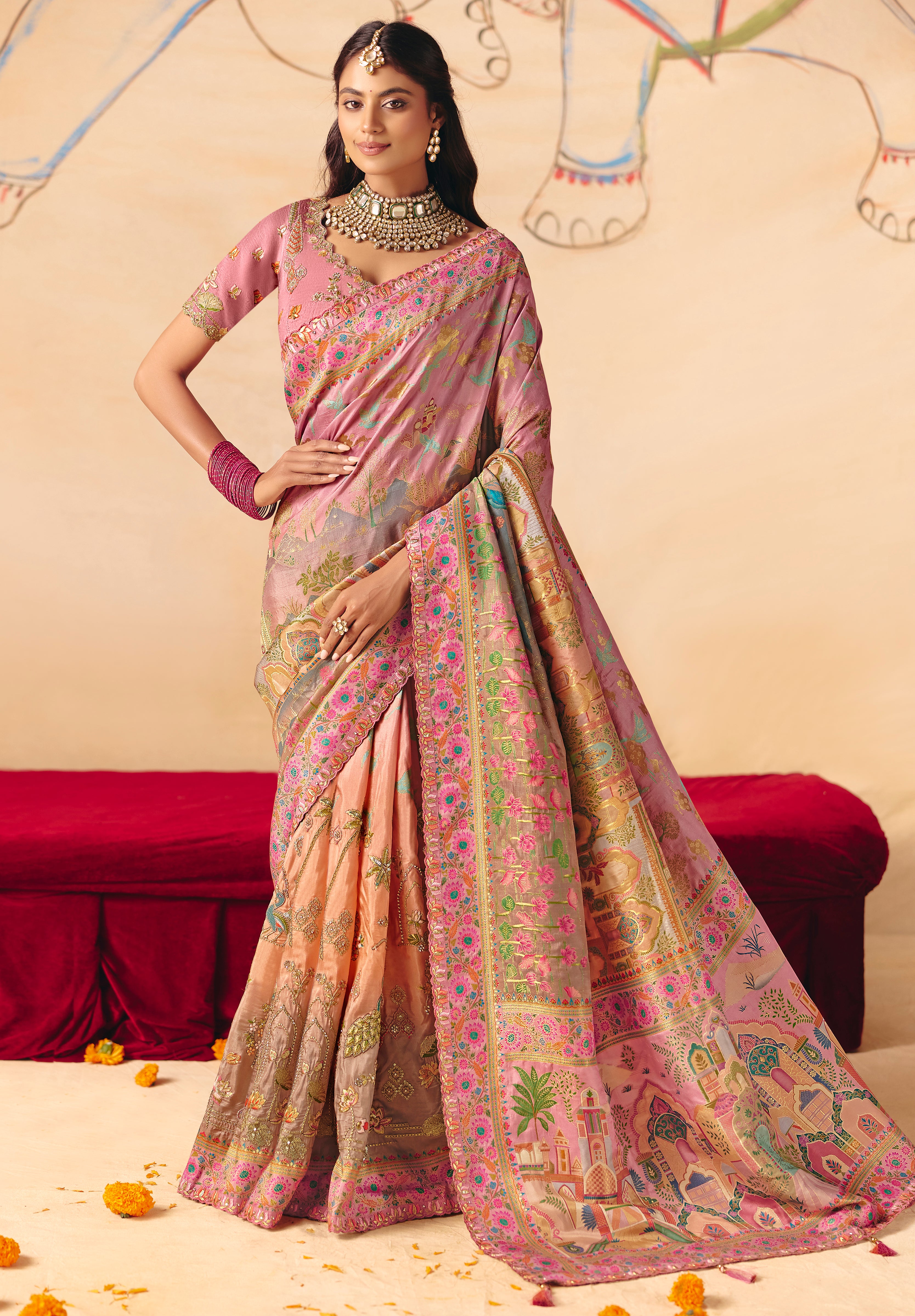 Multicolor Saree With  Heavy Embroidery, Sequin, Thread, and Stone Work On Patli & Cutwork Lace With Heavy Work Blouse