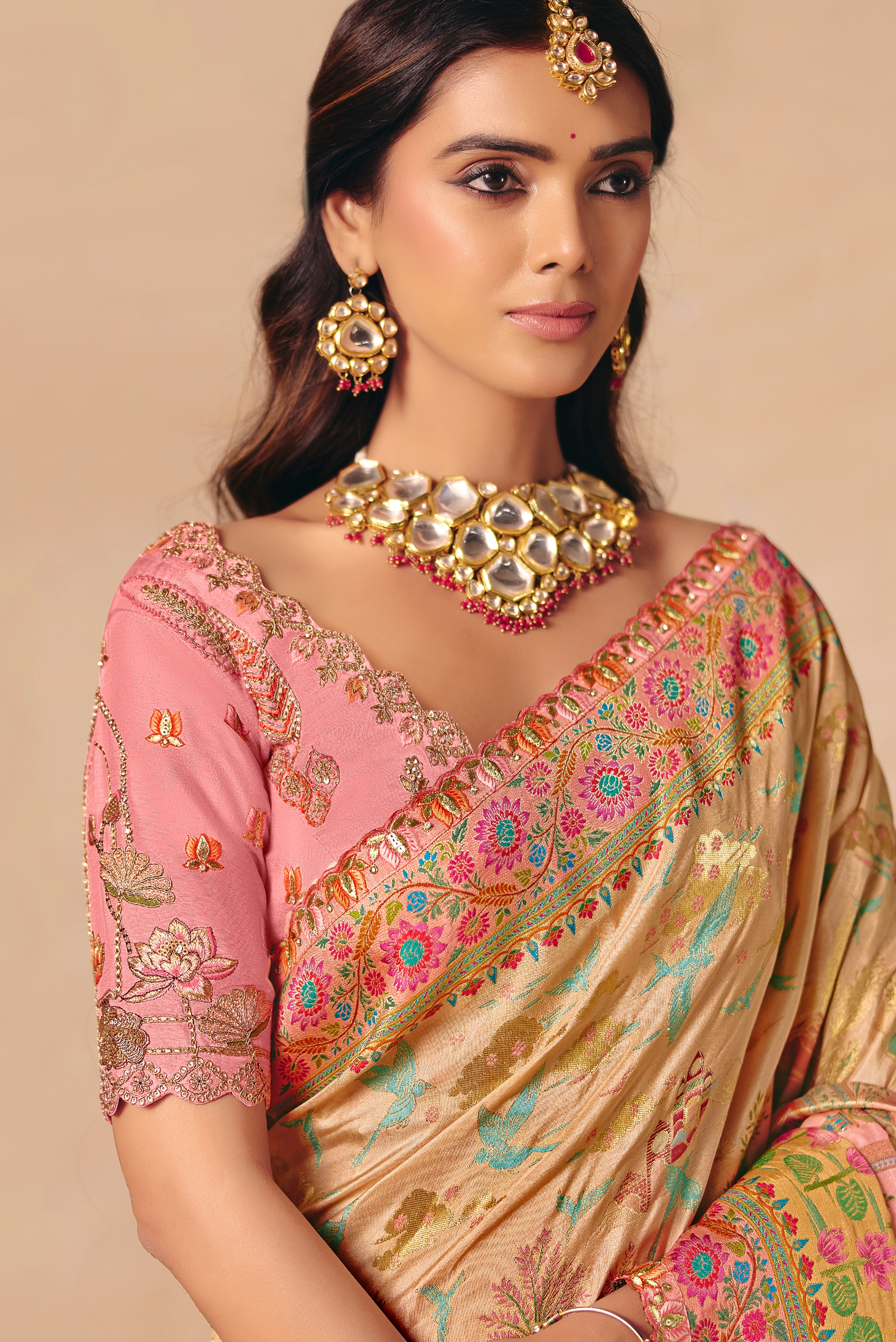 Multicolor Saree With  Heavy Embroidery, Sequin, Thread, and Stone Work On Patli & Cutwork Lace With Heavy Work Blouse