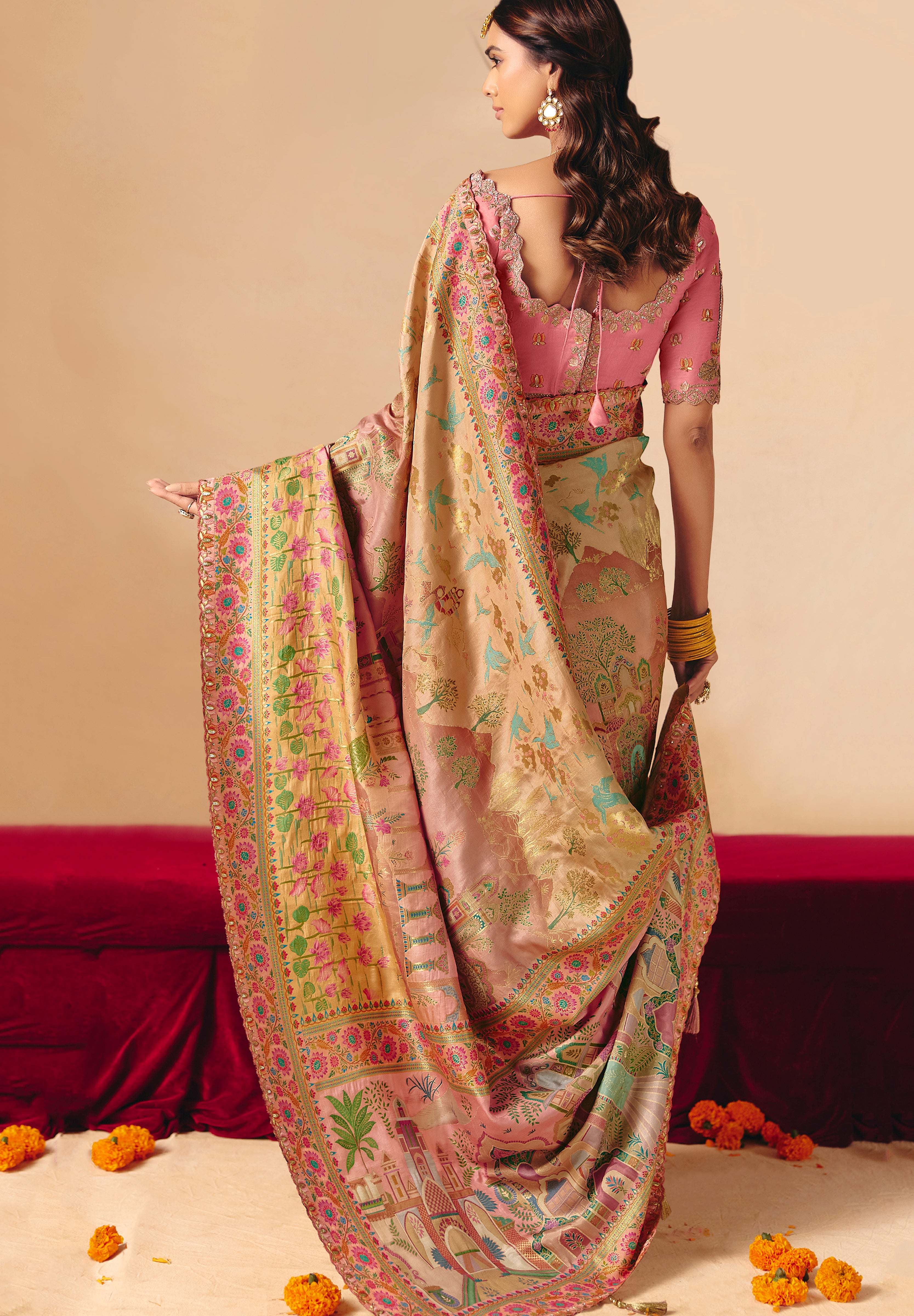 Multicolor Saree With  Heavy Embroidery, Sequin, Thread, and Stone Work On Patli & Cutwork Lace With Heavy Work Blouse