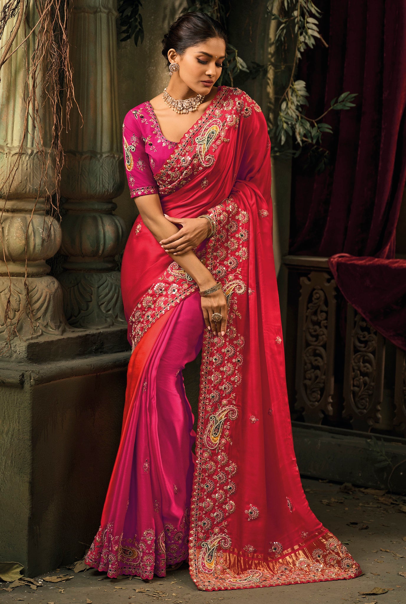 Multicolor Saree With  Jari, Thread, Moti With Emerald Heavy Work