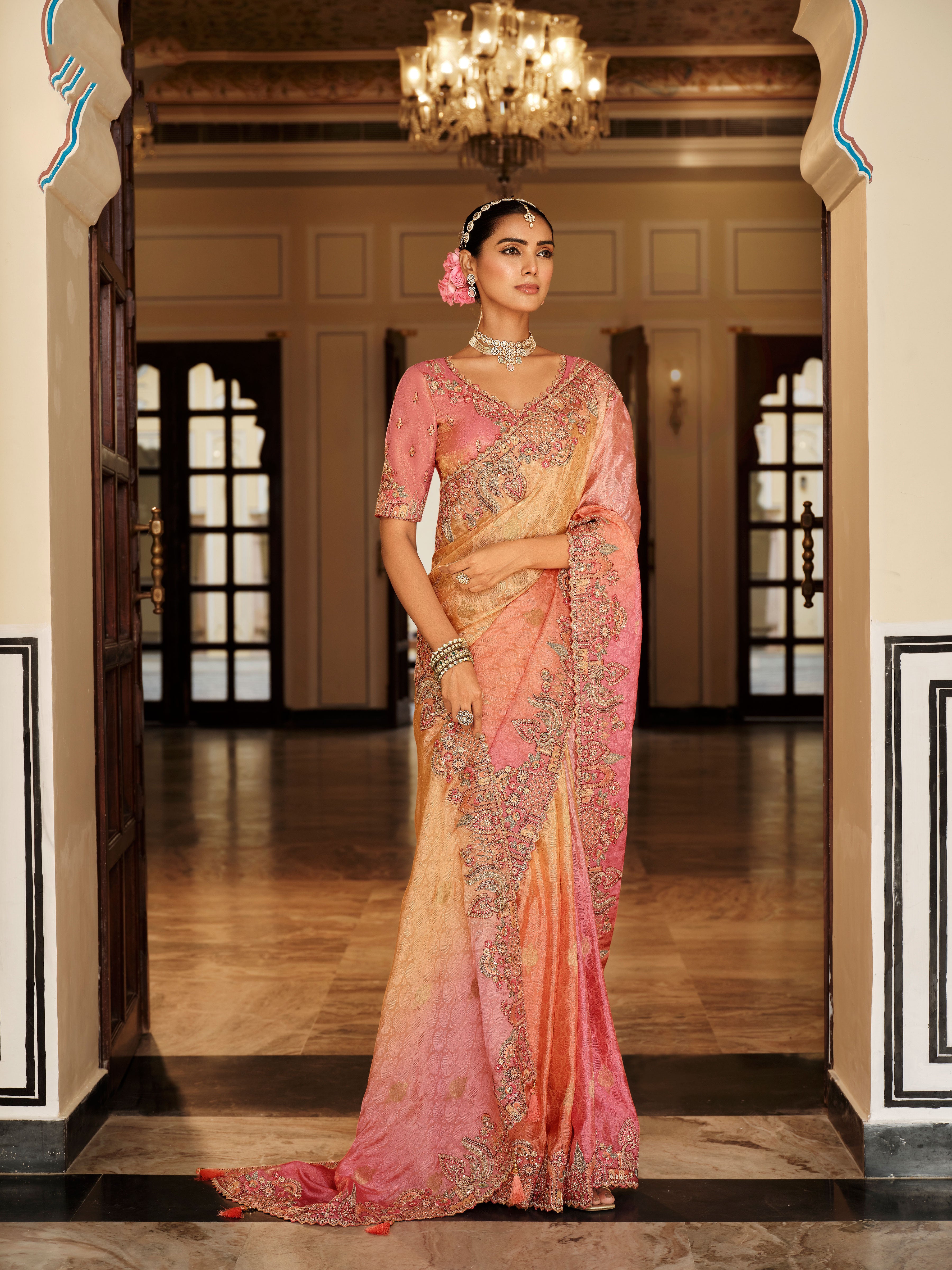 Multicolor Saree With  Zari weaving With Heavy Thread Embroidery With khatli work