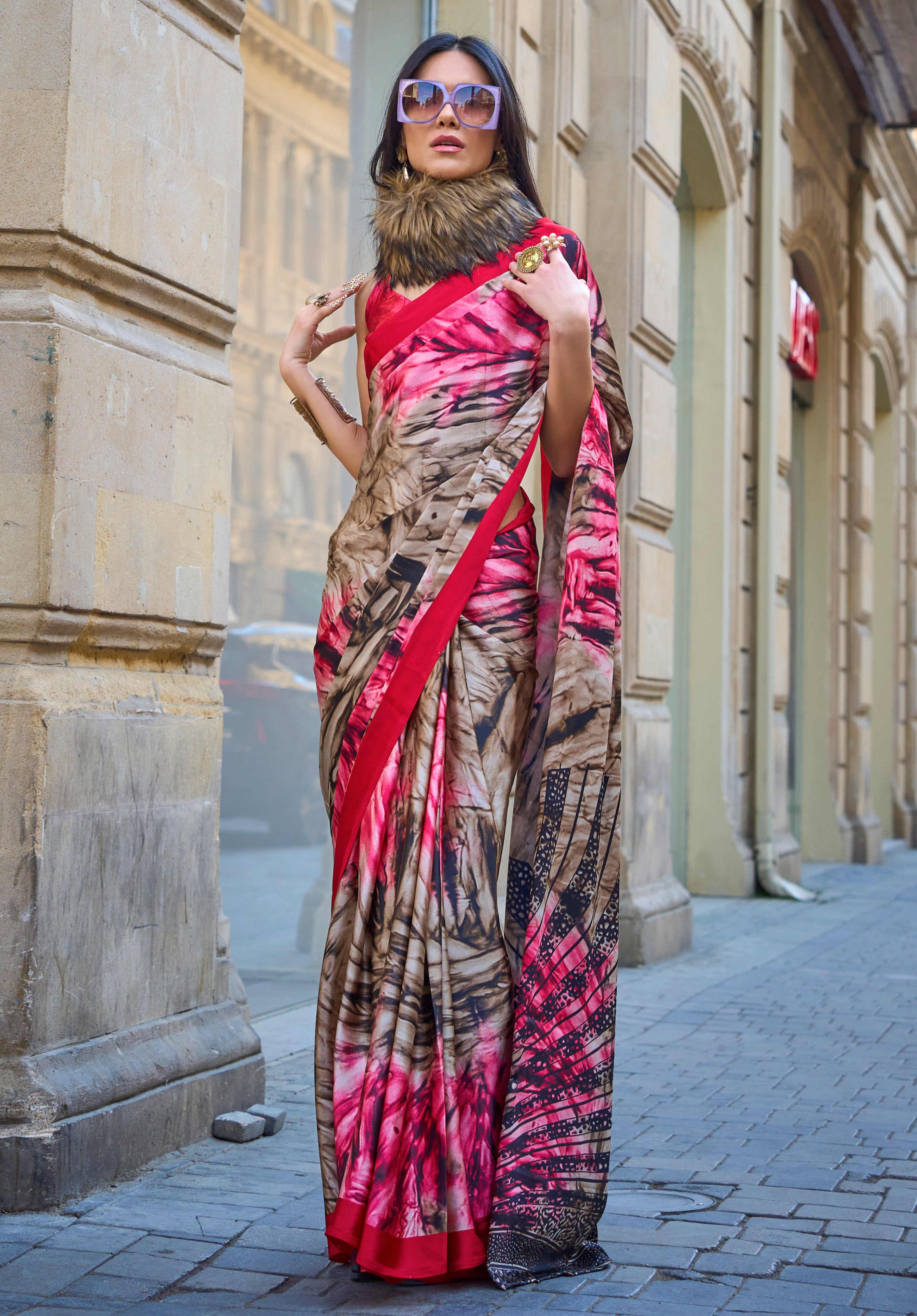 Multicolor Satin Crepe Saree With  Digital Print