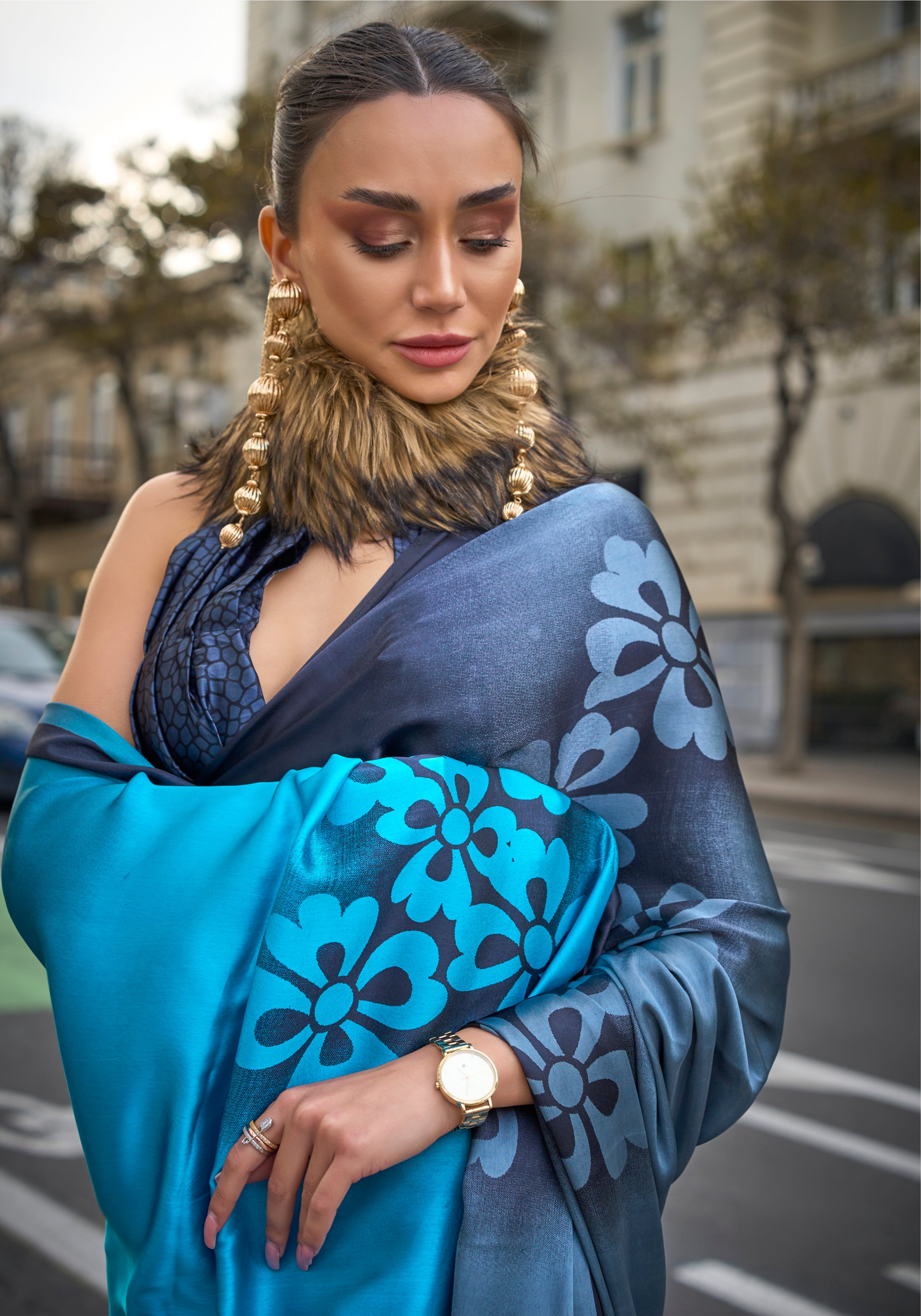 Multicolor Satin Crepe Saree With  Digital Print