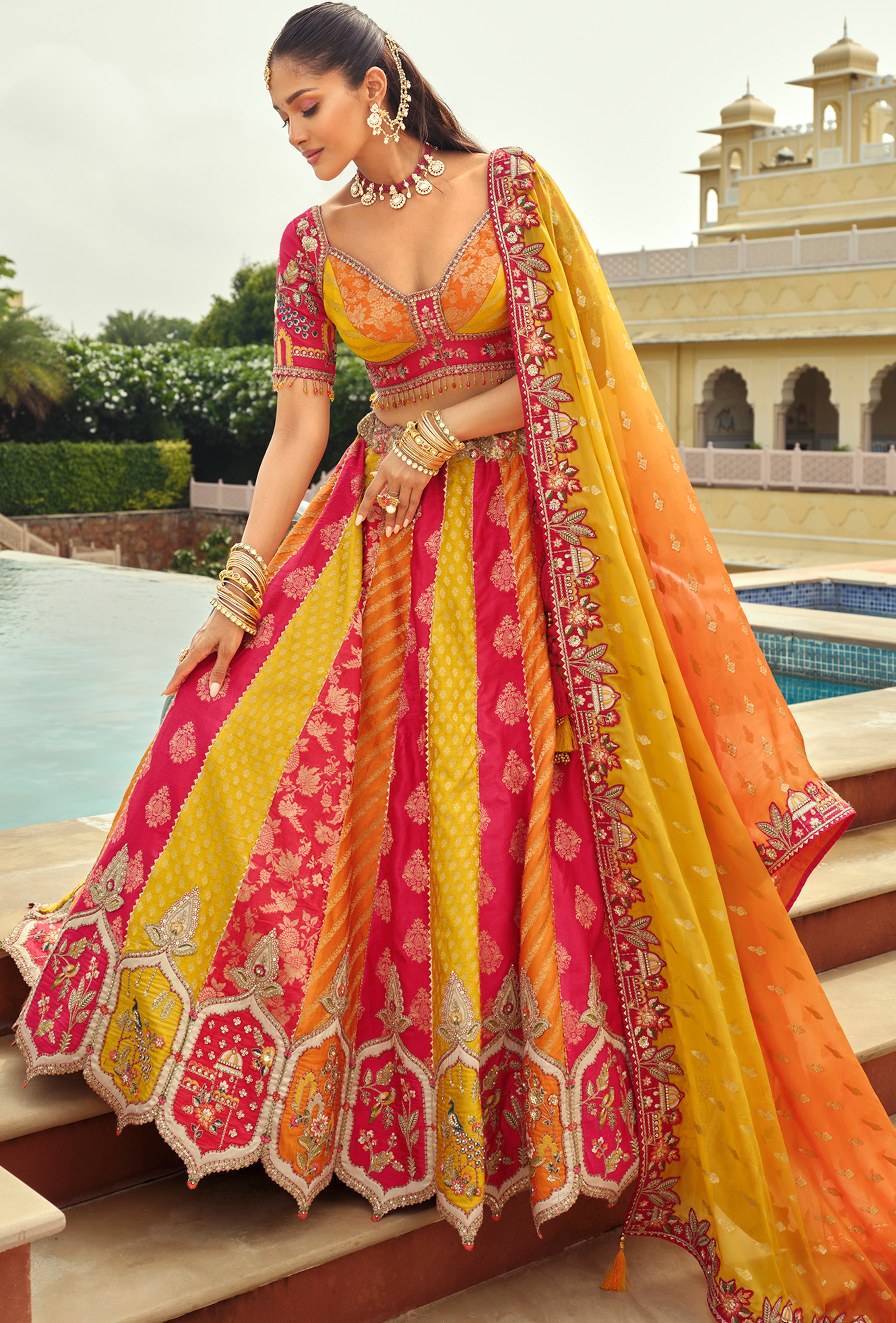 Multicolor Silk Readymade Lehenga Choli With Heavy Thread Embroidery, Sequence, Border Weaving, Art Mirror and Cut Work