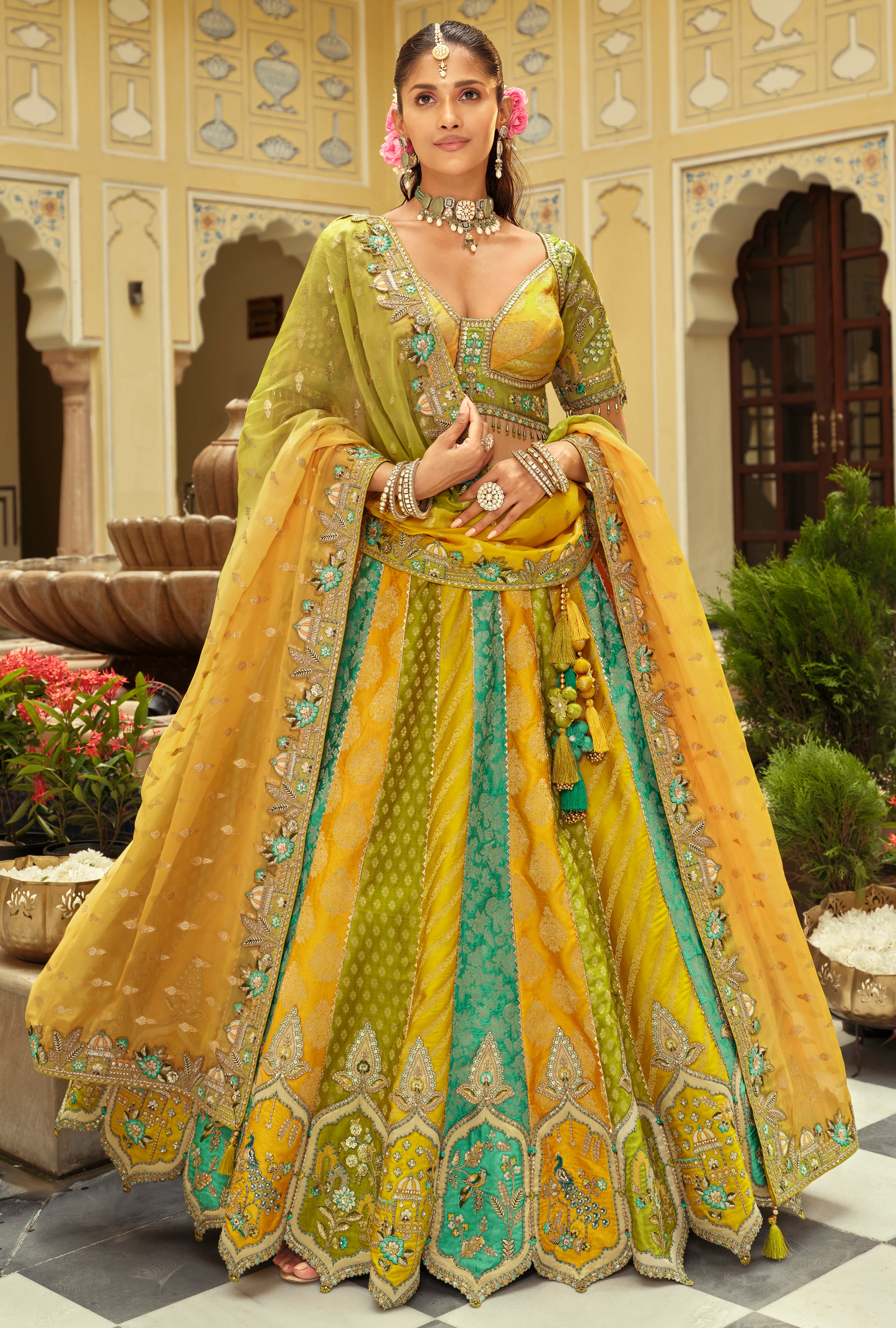 Multicolor Silk Readymade Lehenga Choli With Heavy Thread Embroidery, Sequence, Border Weaving, Art Mirror and Cut Work