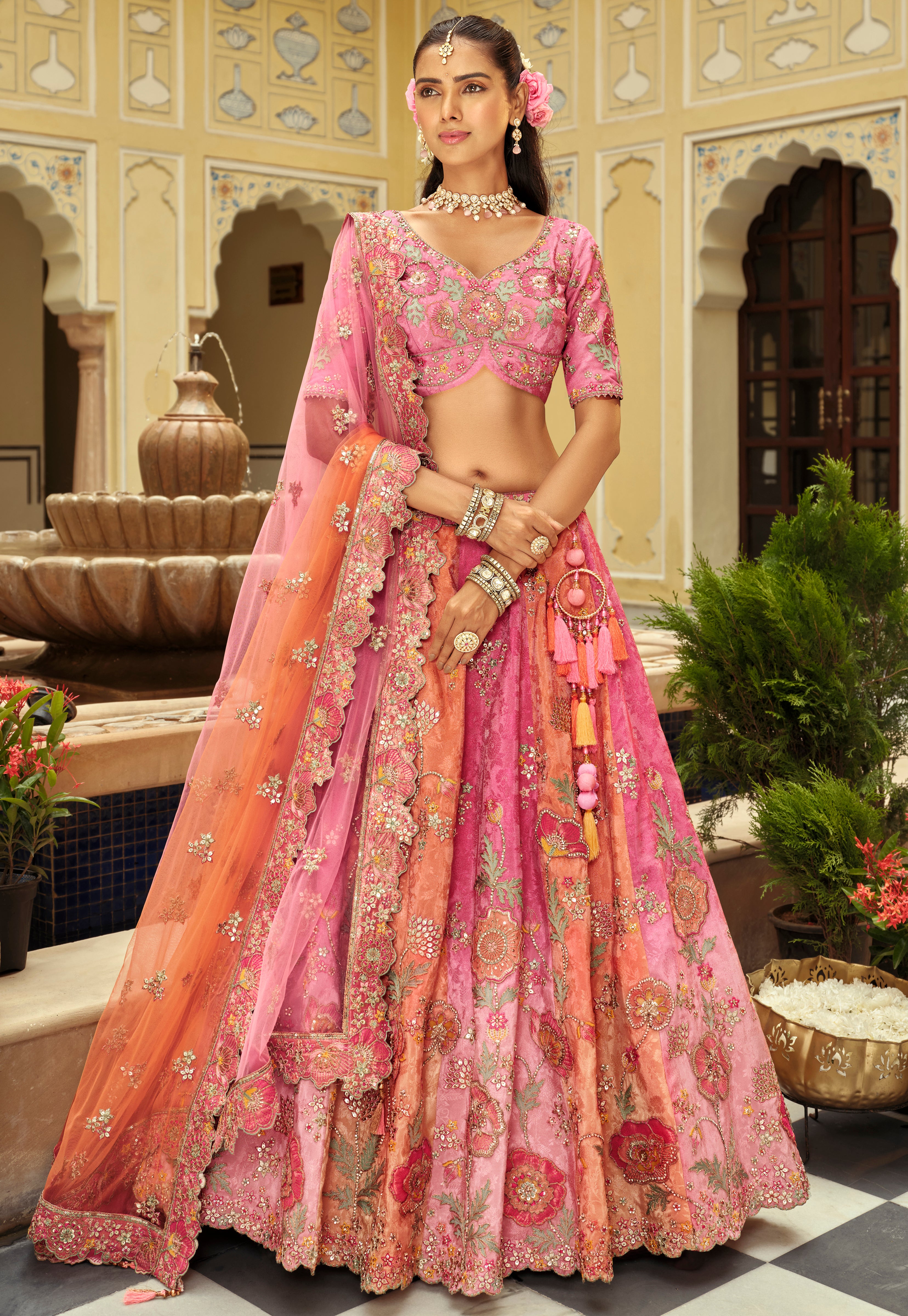 Multicolor Silk Readymade Lehenga Choli With Heavy Thread Embroidery, Sequence, Border Weaving, Art Mirror and Cut Work